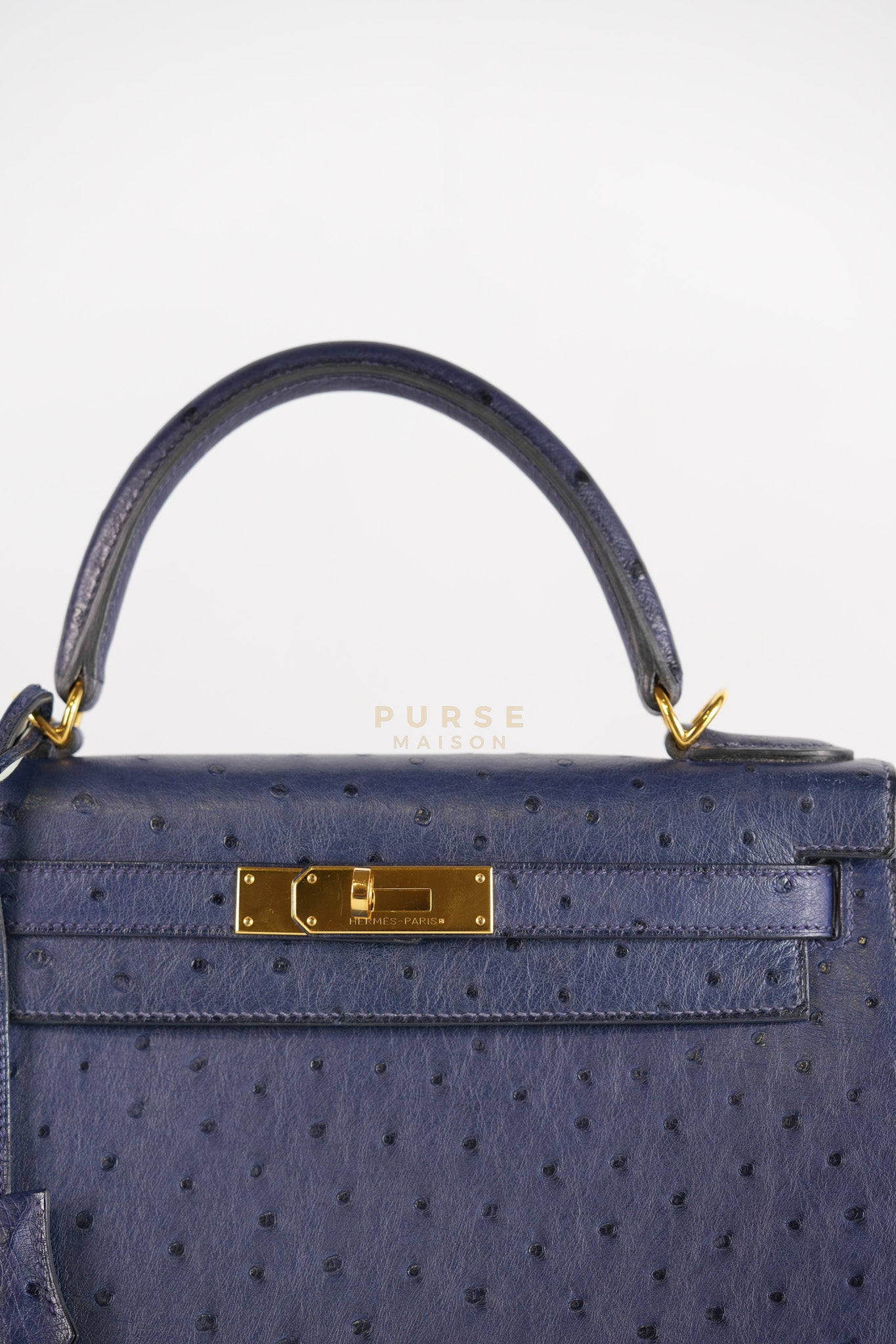 Kelly 28 Sellier in Blue Iris Ostrich Leather and Gold Hardware Stamp T (2015) | Purse Maison Luxury Bags Shop