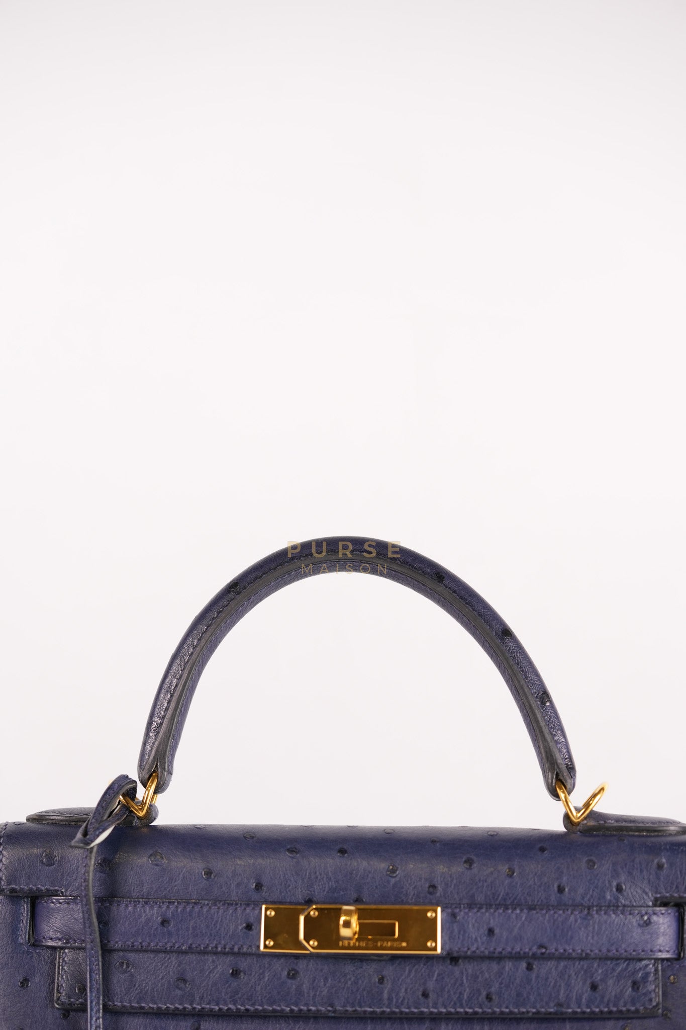 Kelly 28 Sellier in Blue Iris Ostrich Leather and Gold Hardware Stamp T (2015) | Purse Maison Luxury Bags Shop