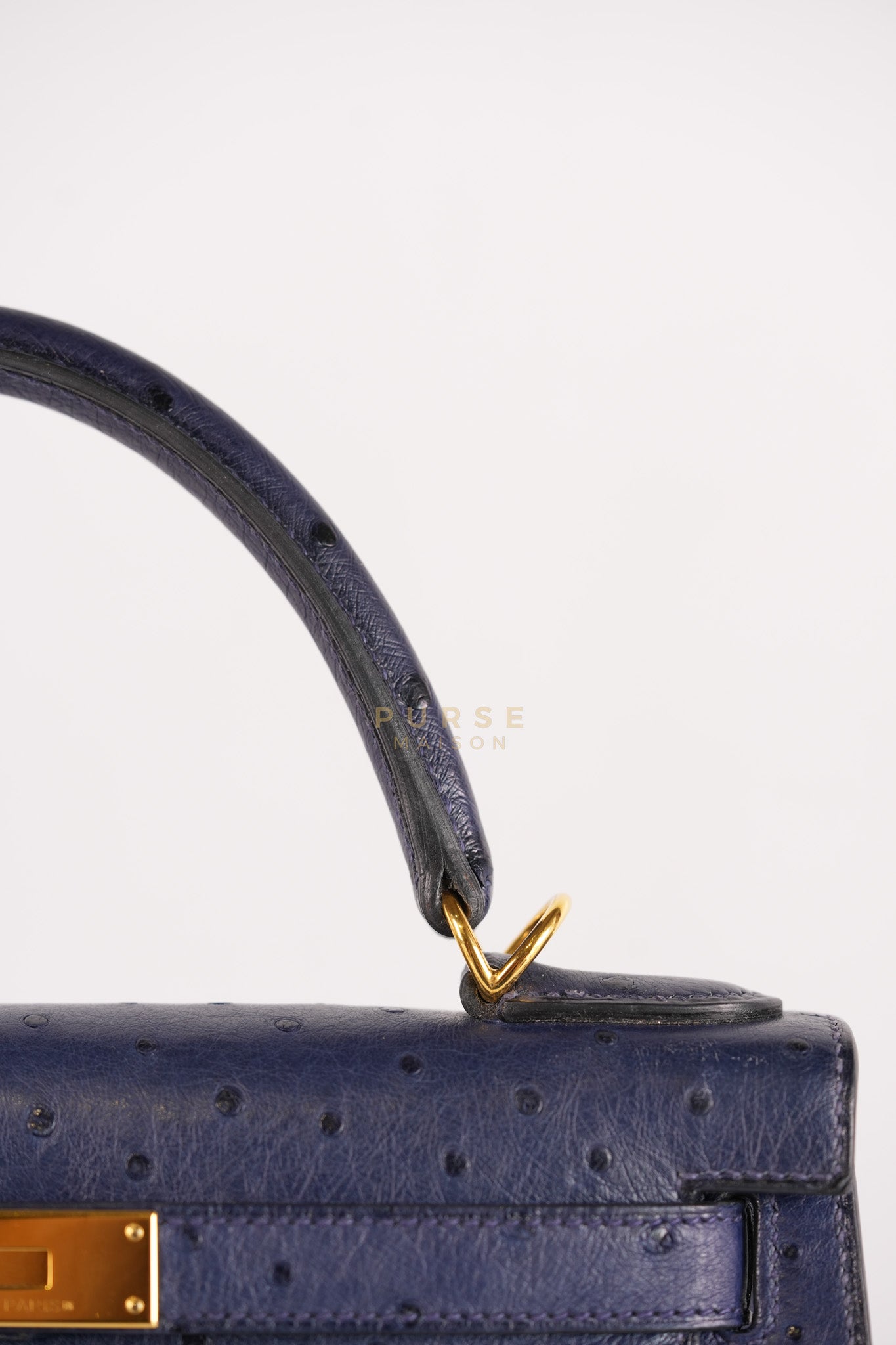 Kelly 28 Sellier in Blue Iris Ostrich Leather and Gold Hardware Stamp T (2015) | Purse Maison Luxury Bags Shop