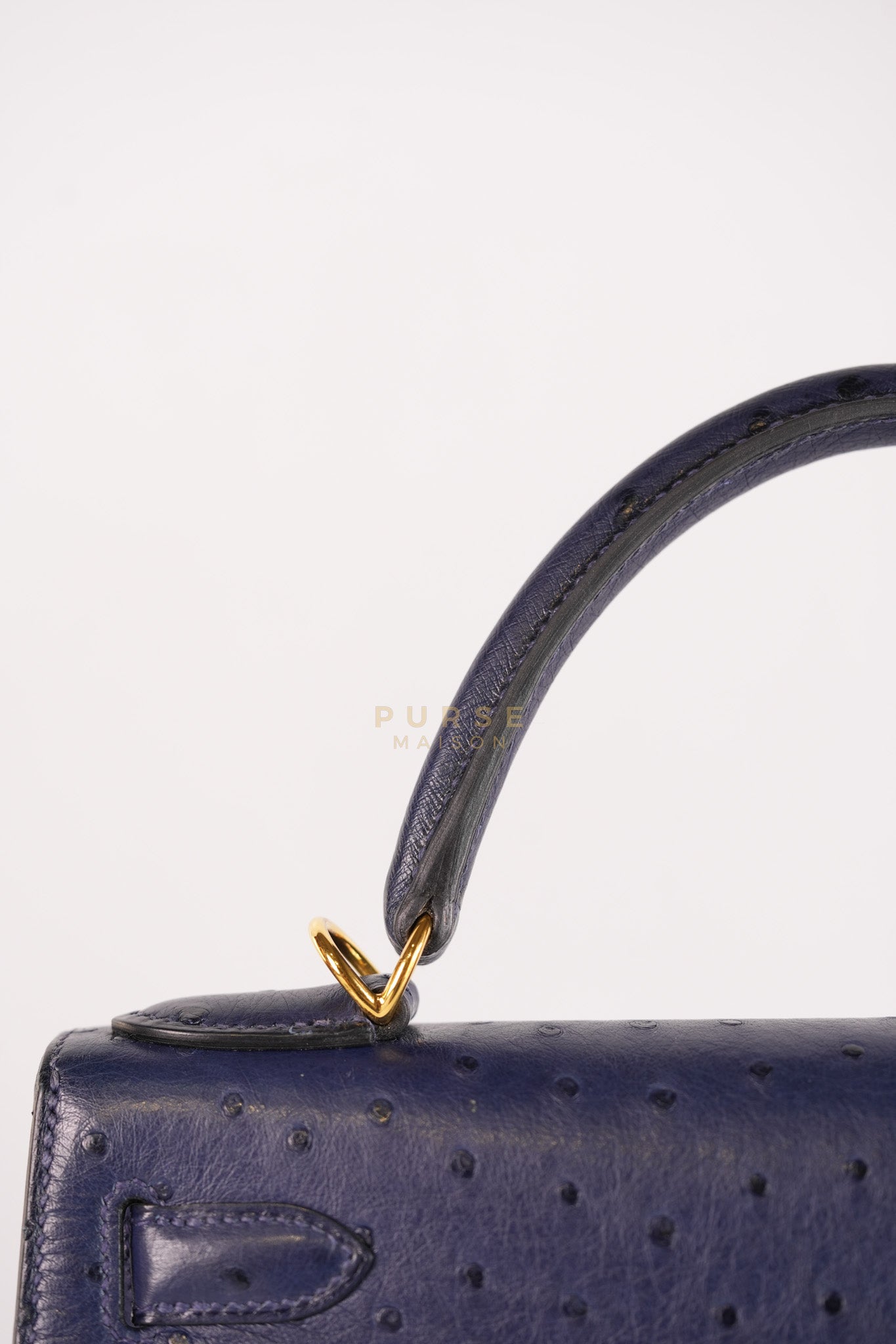 Kelly 28 Sellier in Blue Iris Ostrich Leather and Gold Hardware Stamp T (2015) | Purse Maison Luxury Bags Shop