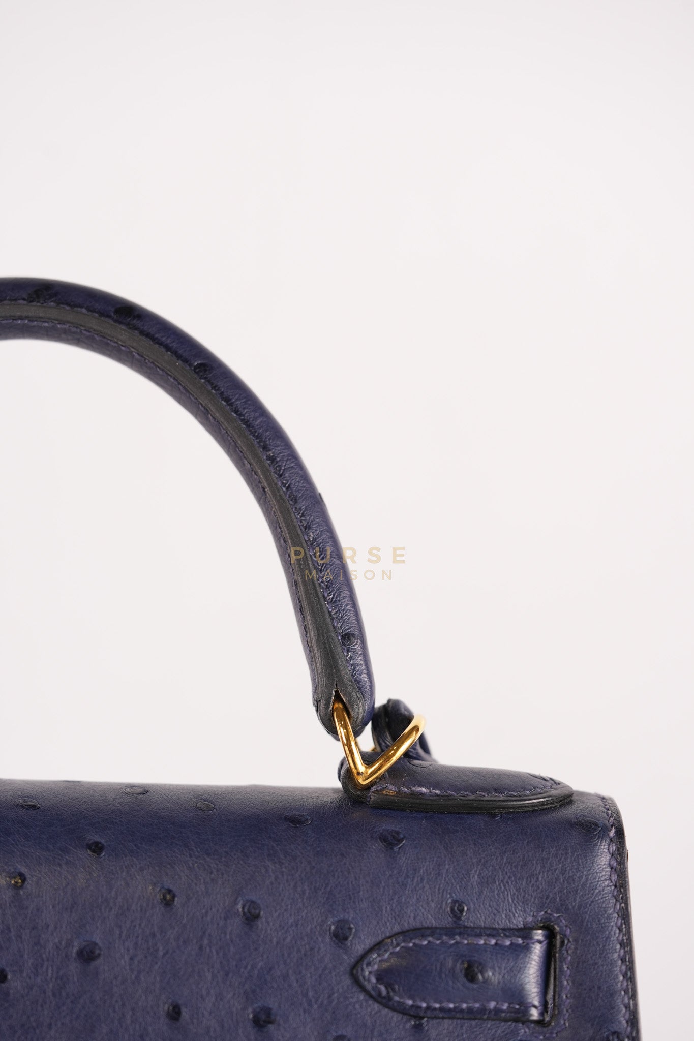 Kelly 28 Sellier in Blue Iris Ostrich Leather and Gold Hardware Stamp T (2015) | Purse Maison Luxury Bags Shop