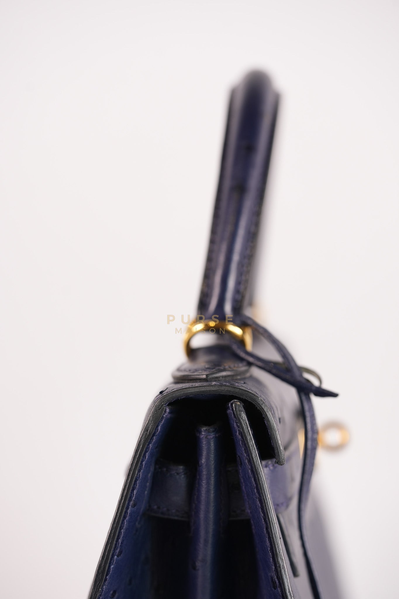 Kelly 28 Sellier in Blue Iris Ostrich Leather and Gold Hardware Stamp T (2015) | Purse Maison Luxury Bags Shop