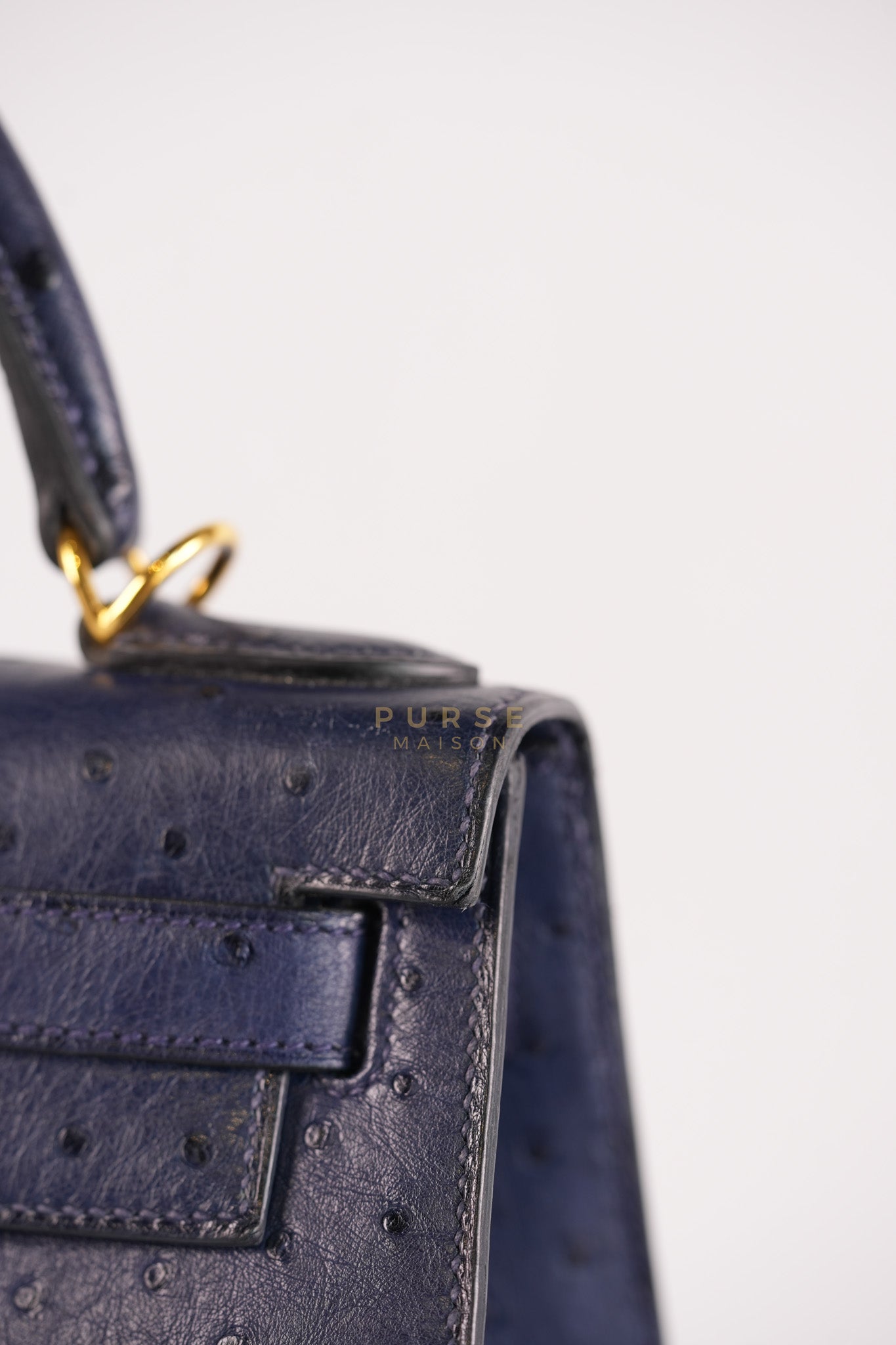 Kelly 28 Sellier in Blue Iris Ostrich Leather and Gold Hardware Stamp T (2015) | Purse Maison Luxury Bags Shop