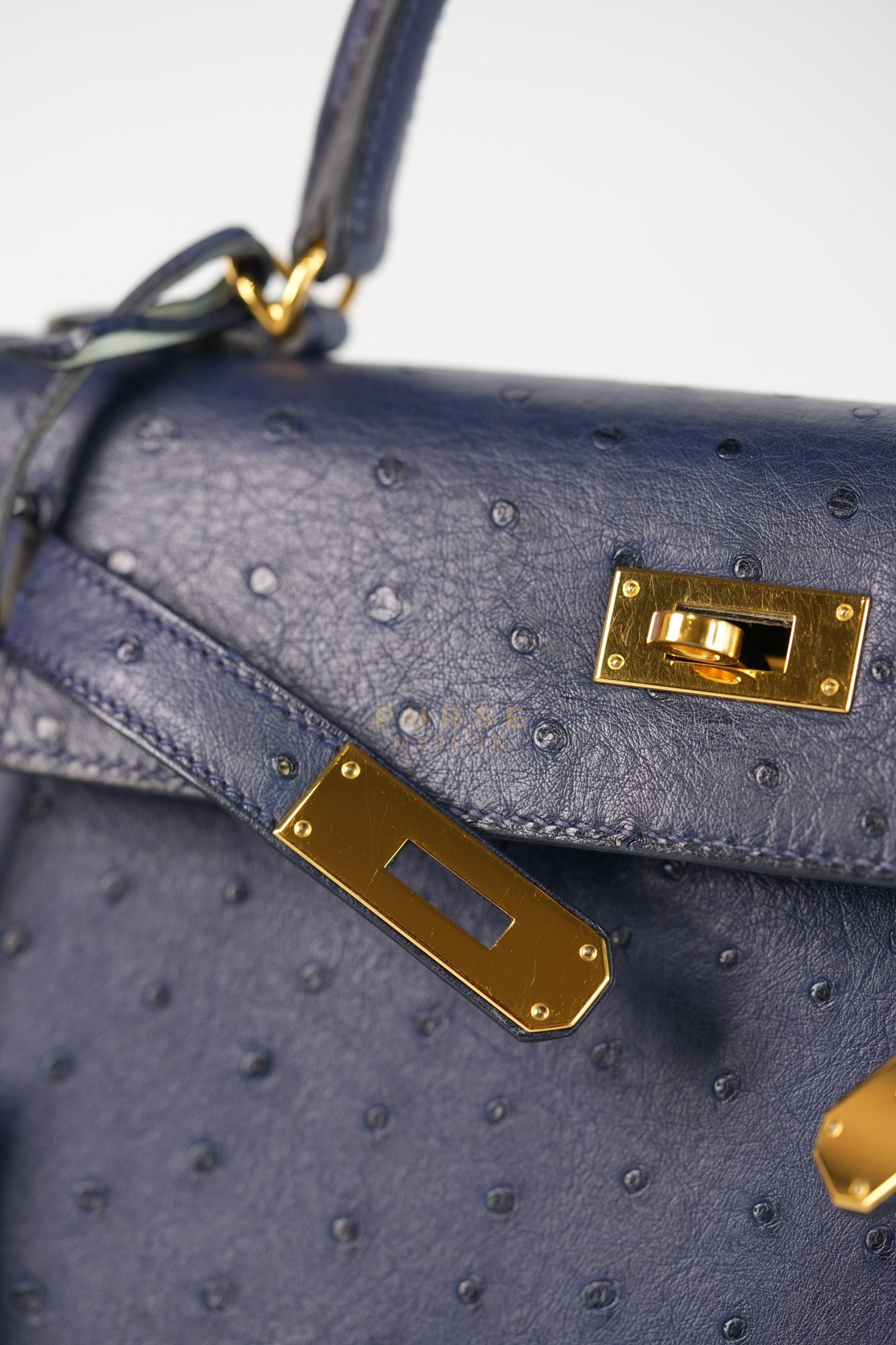 Kelly 28 Sellier in Blue Iris Ostrich Leather and Gold Hardware Stamp T (2015) | Purse Maison Luxury Bags Shop