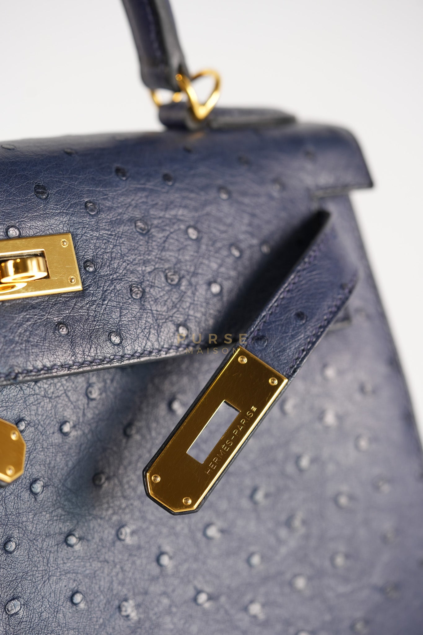Kelly 28 Sellier in Blue Iris Ostrich Leather and Gold Hardware Stamp T (2015) | Purse Maison Luxury Bags Shop