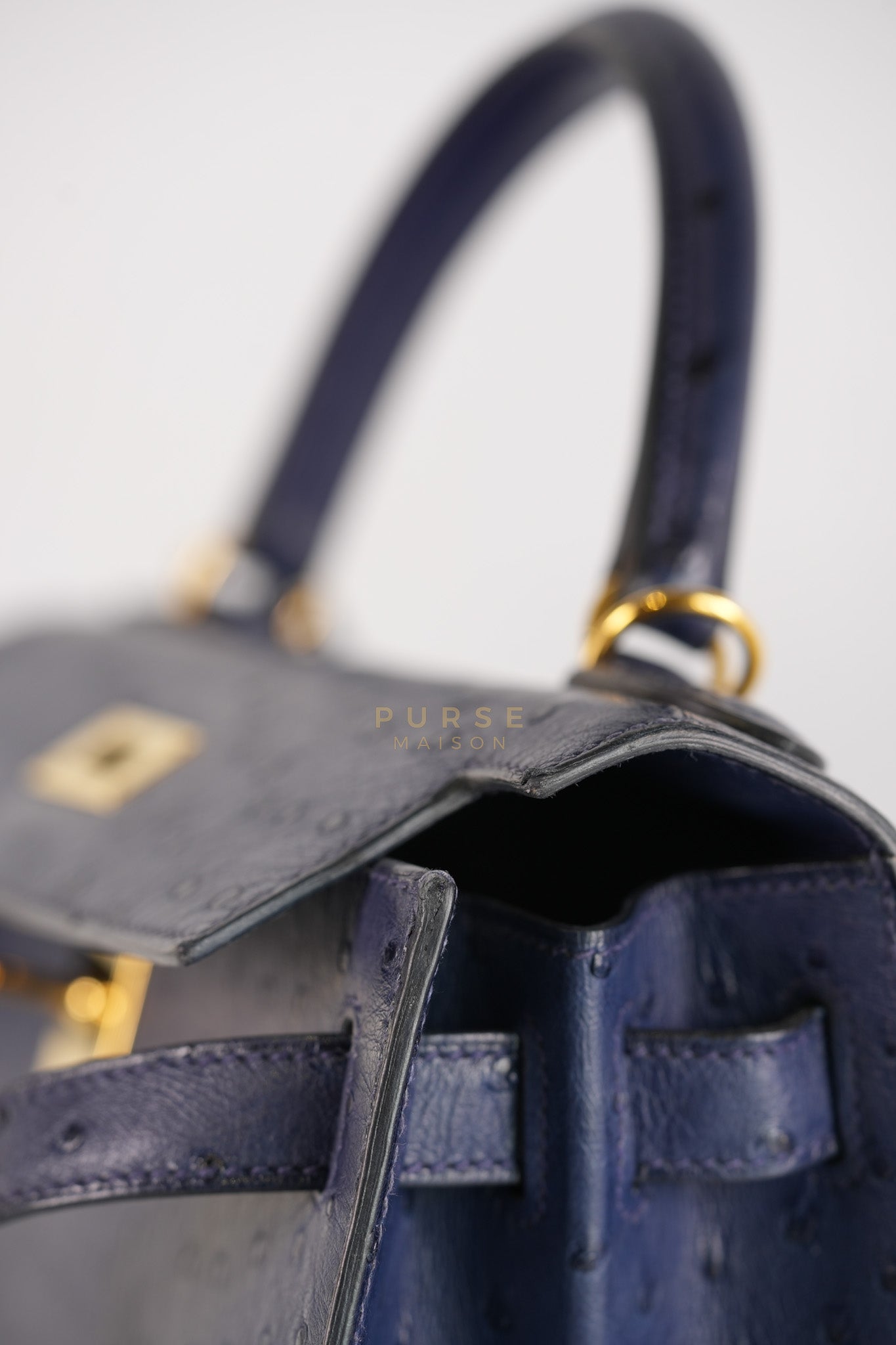 Kelly 28 Sellier in Blue Iris Ostrich Leather and Gold Hardware Stamp T (2015) | Purse Maison Luxury Bags Shop