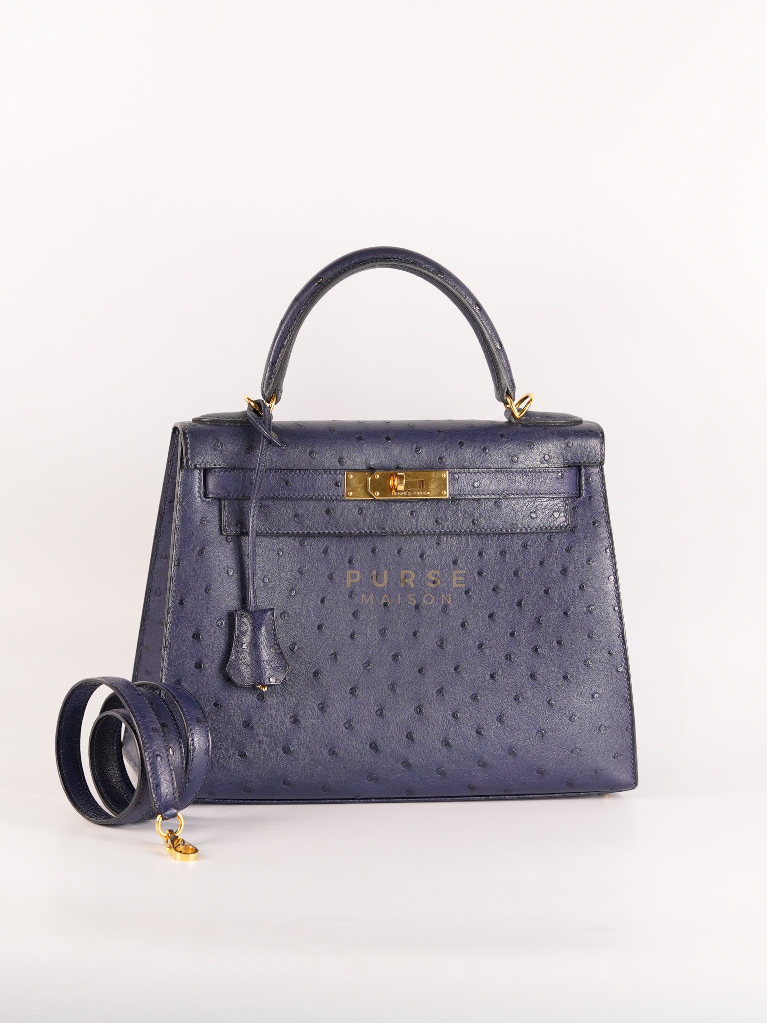 Kelly 28 Sellier in Blue Iris Ostrich Leather and Gold Hardware Stamp T (2015) | Purse Maison Luxury Bags Shop