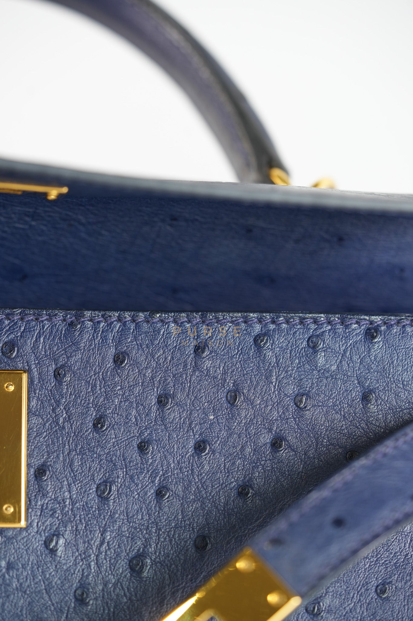 Kelly 28 Sellier in Blue Iris Ostrich Leather and Gold Hardware Stamp T (2015) | Purse Maison Luxury Bags Shop