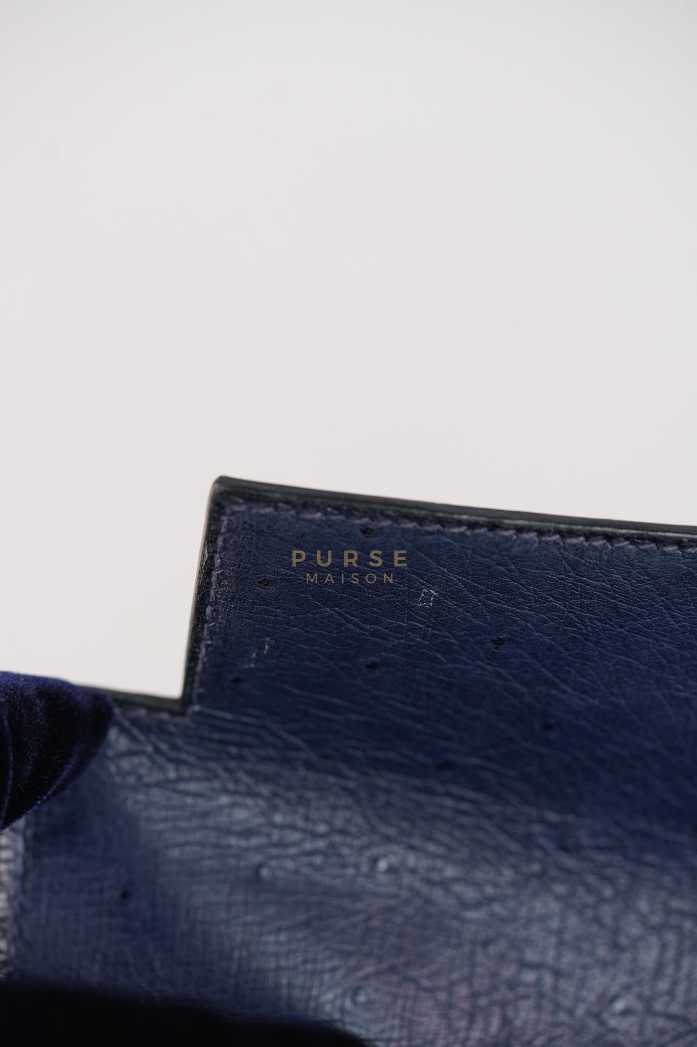 Kelly 28 Sellier in Blue Iris Ostrich Leather and Gold Hardware Stamp T (2015) | Purse Maison Luxury Bags Shop