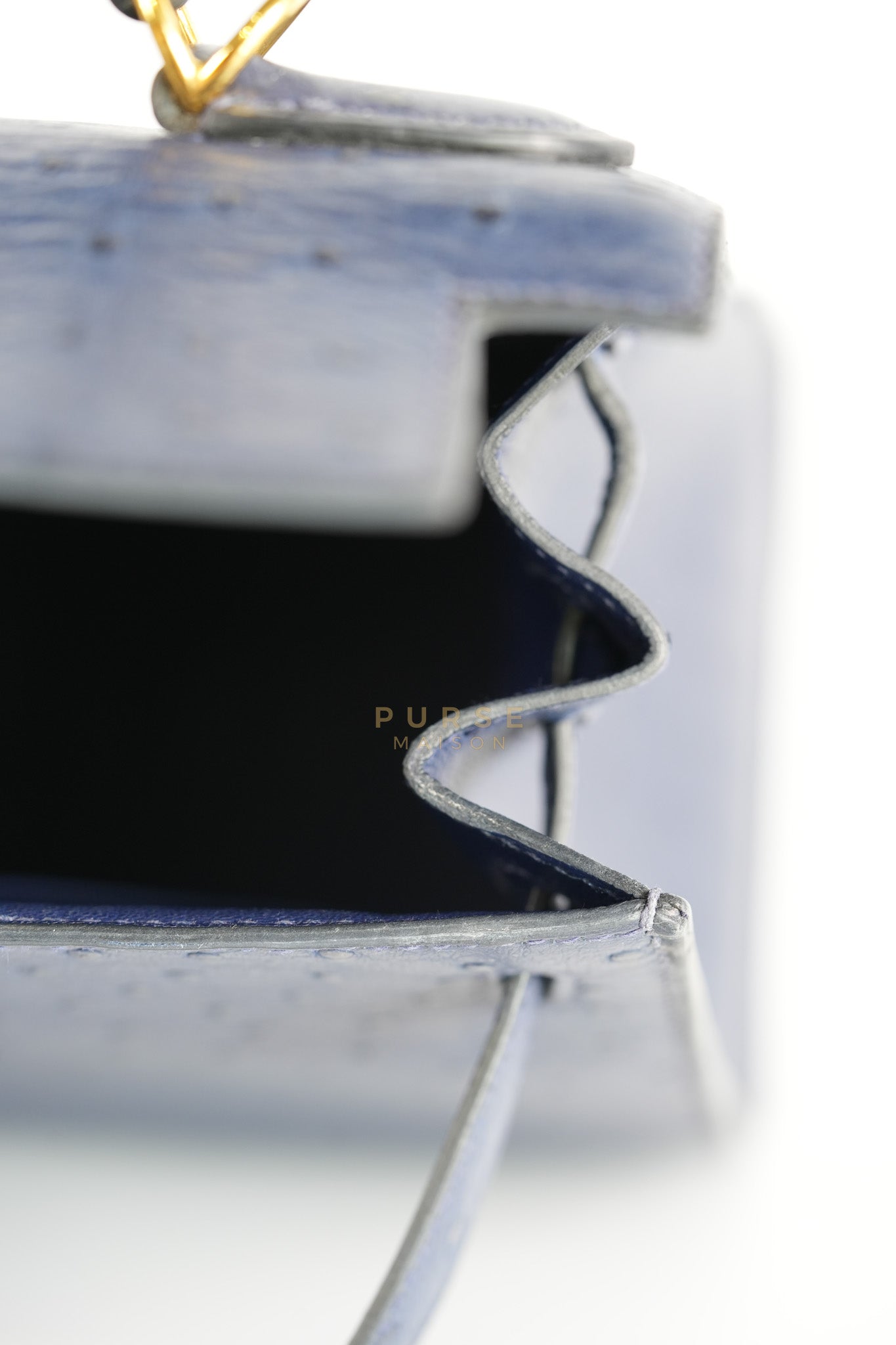 Kelly 28 Sellier in Blue Iris Ostrich Leather and Gold Hardware Stamp T (2015) | Purse Maison Luxury Bags Shop