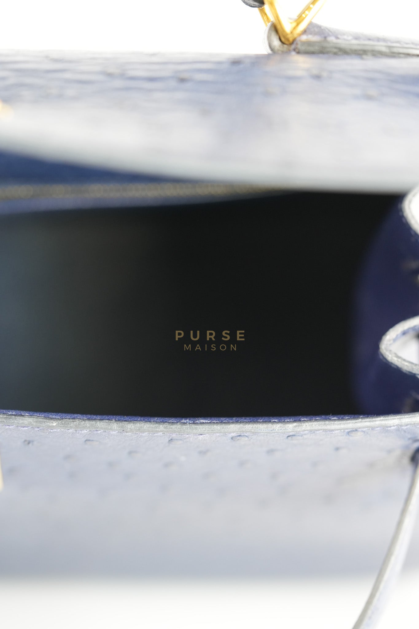 Kelly 28 Sellier in Blue Iris Ostrich Leather and Gold Hardware Stamp T (2015) | Purse Maison Luxury Bags Shop