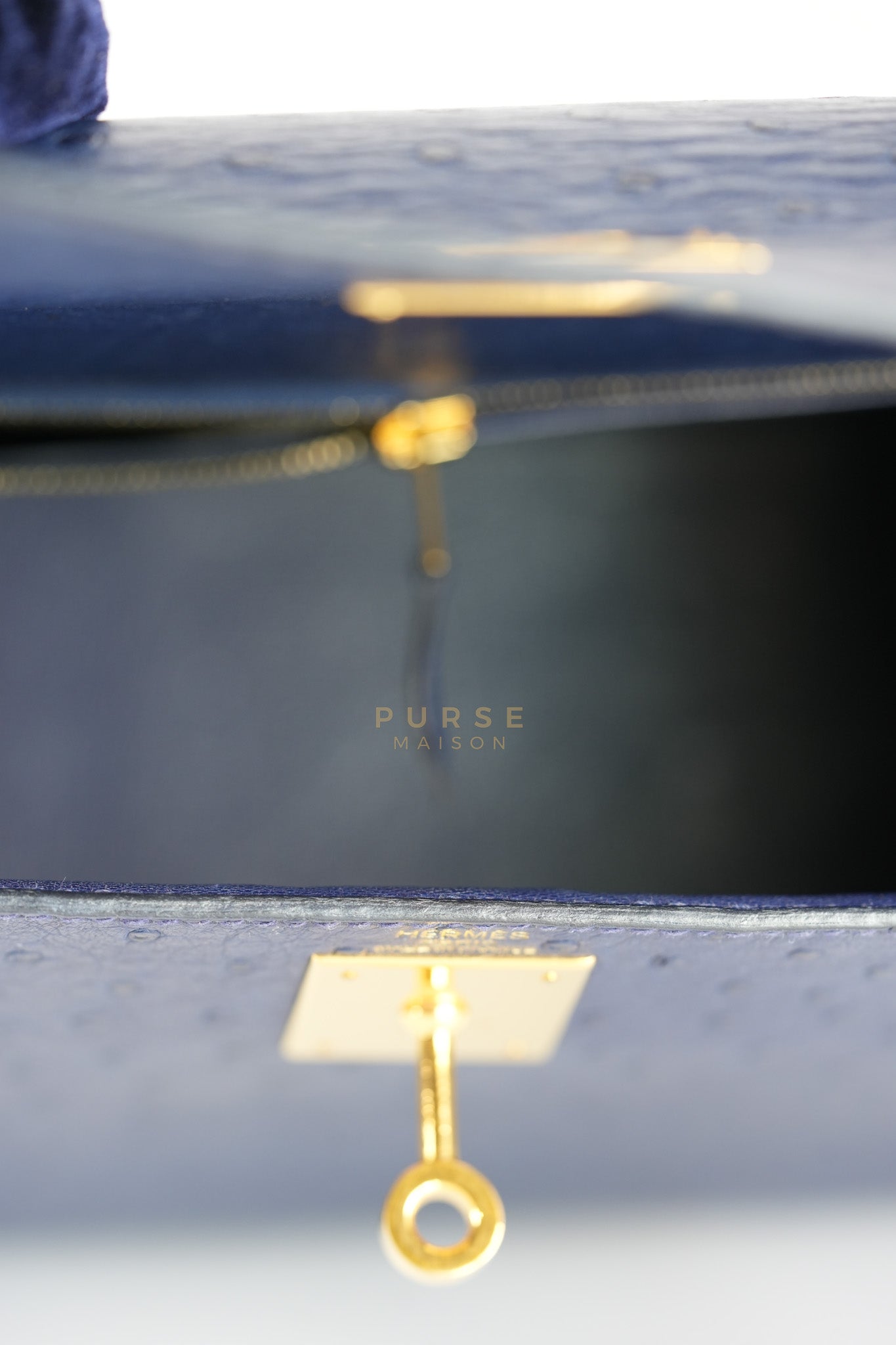 Kelly 28 Sellier in Blue Iris Ostrich Leather and Gold Hardware Stamp T (2015) | Purse Maison Luxury Bags Shop