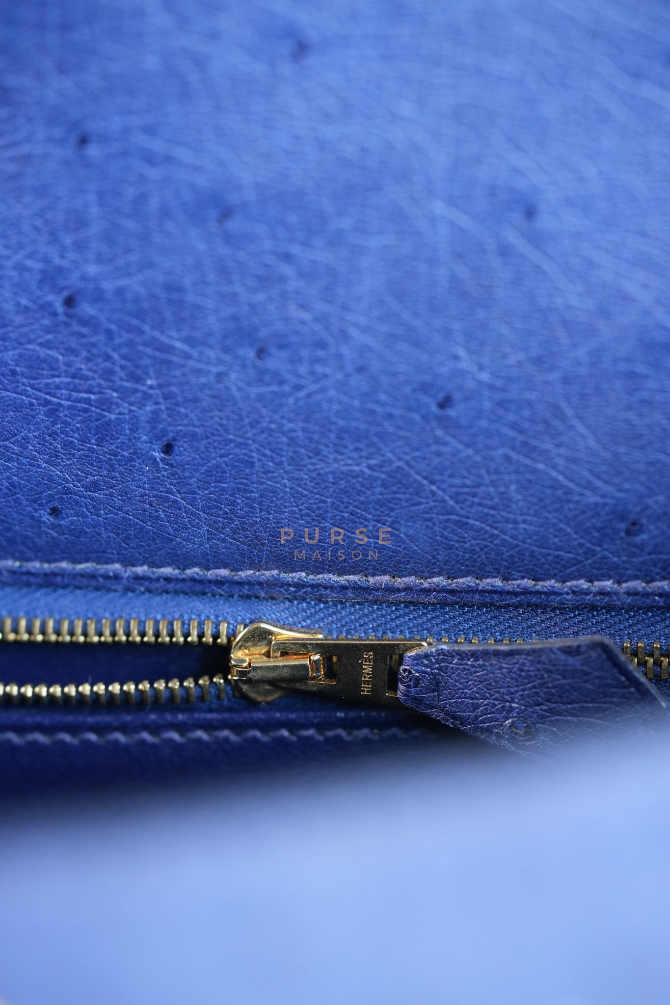 Kelly 28 Sellier in Blue Iris Ostrich Leather and Gold Hardware Stamp T (2015) | Purse Maison Luxury Bags Shop