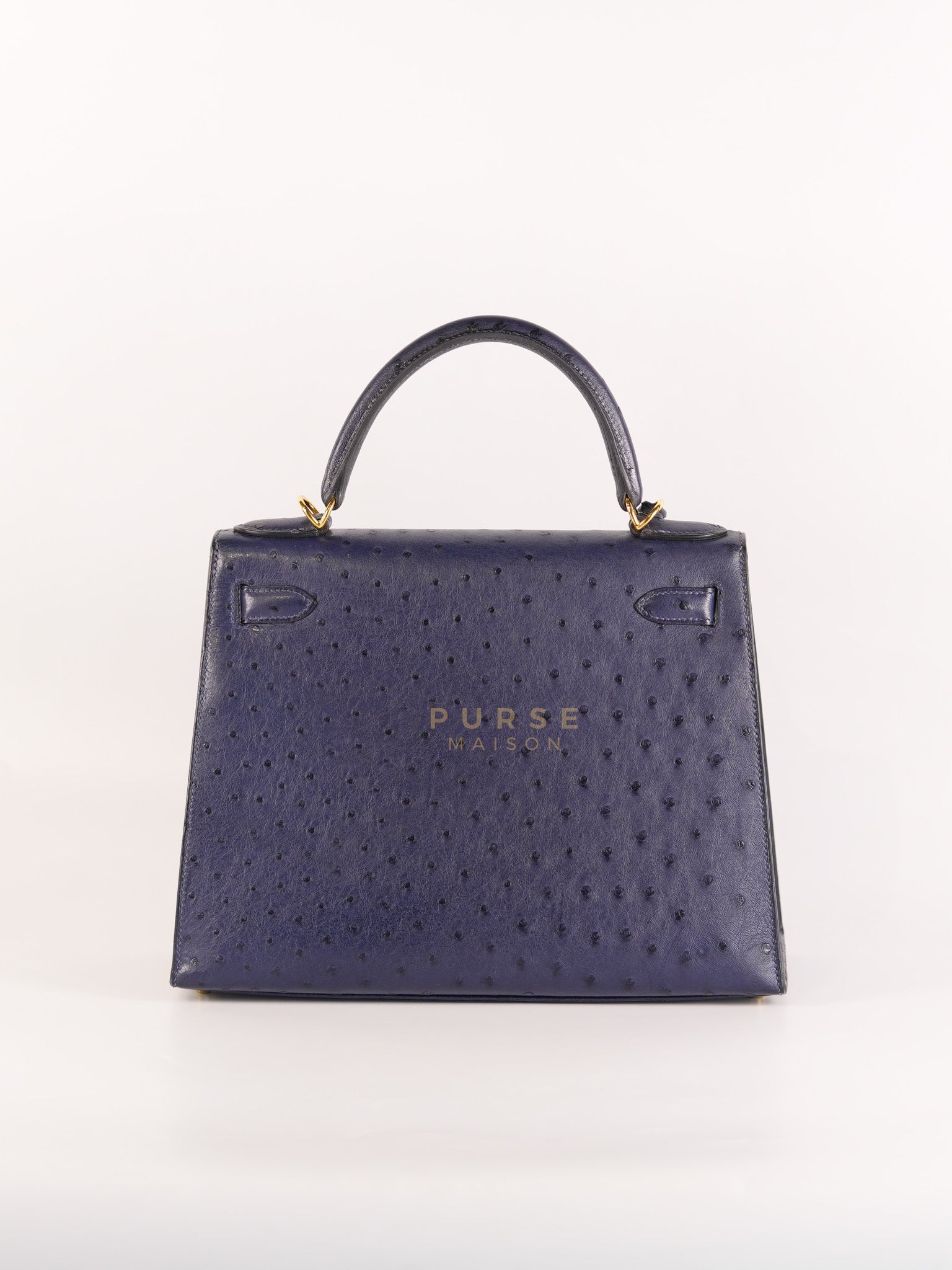 Kelly 28 Sellier in Blue Iris Ostrich Leather and Gold Hardware Stamp T (2015) | Purse Maison Luxury Bags Shop