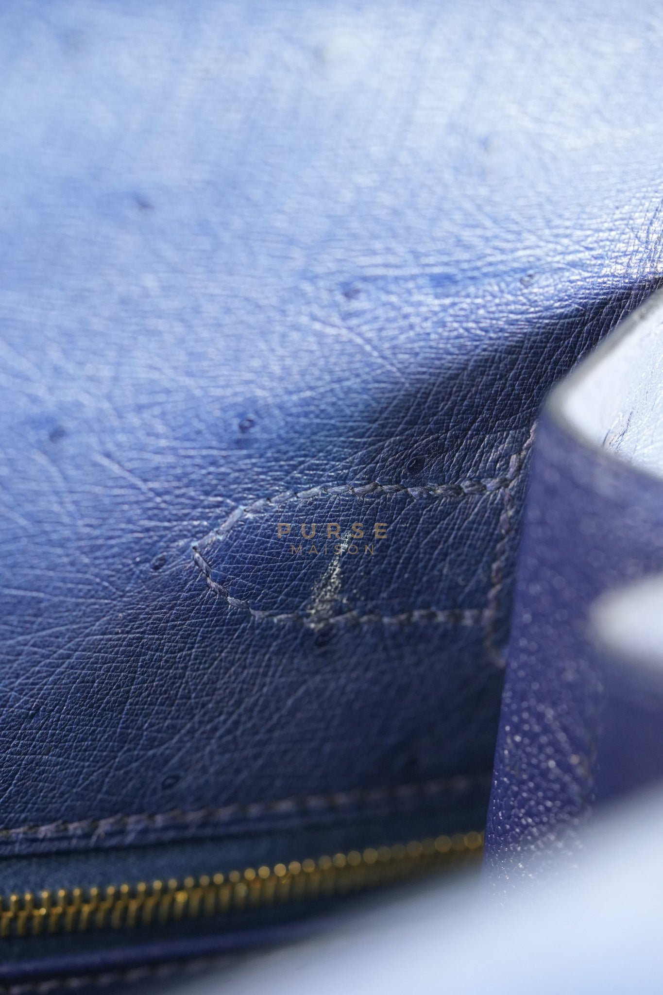 Kelly 28 Sellier in Blue Iris Ostrich Leather and Gold Hardware Stamp T (2015) | Purse Maison Luxury Bags Shop