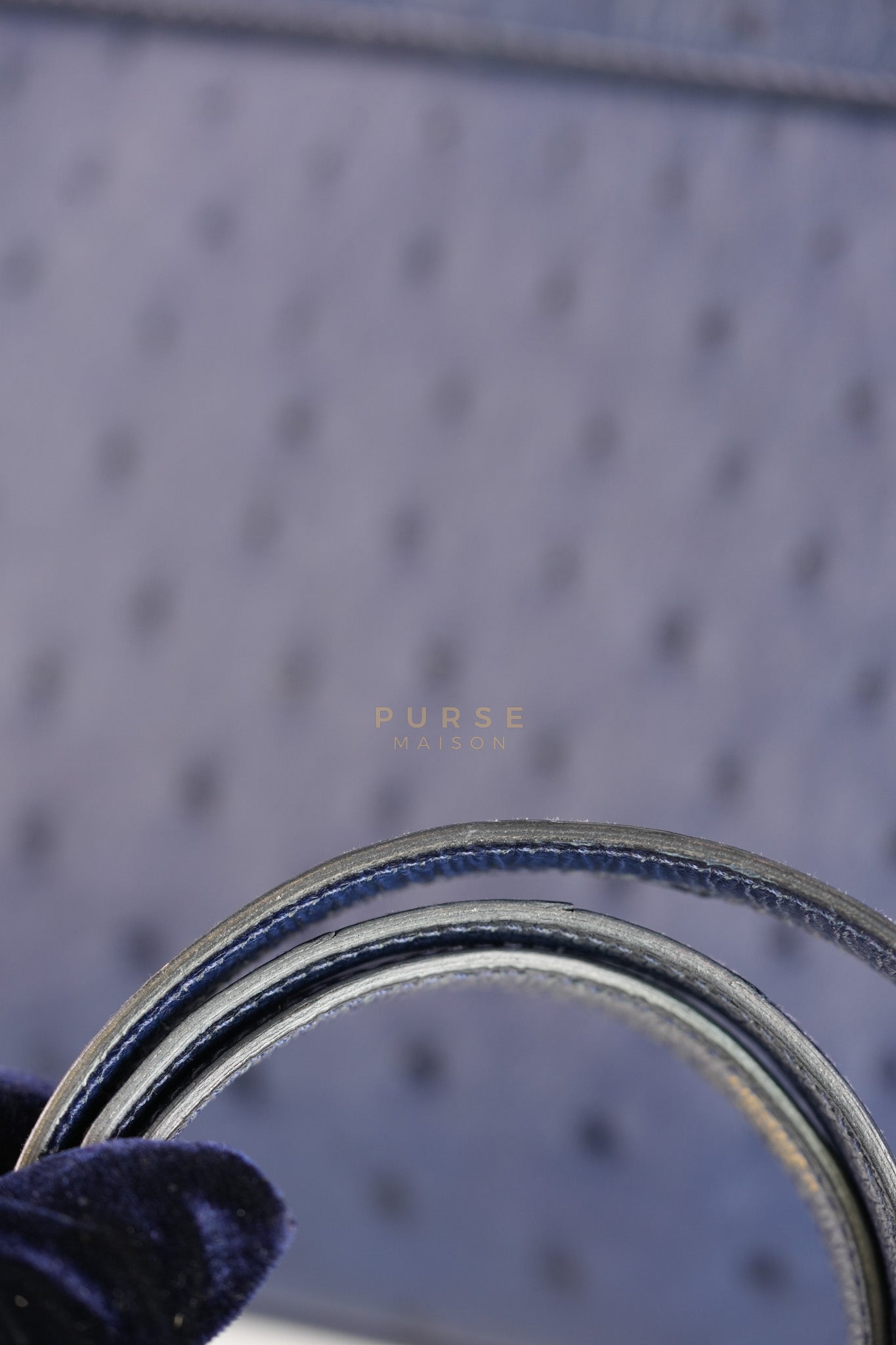 Kelly 28 Sellier in Blue Iris Ostrich Leather and Gold Hardware Stamp T (2015) | Purse Maison Luxury Bags Shop