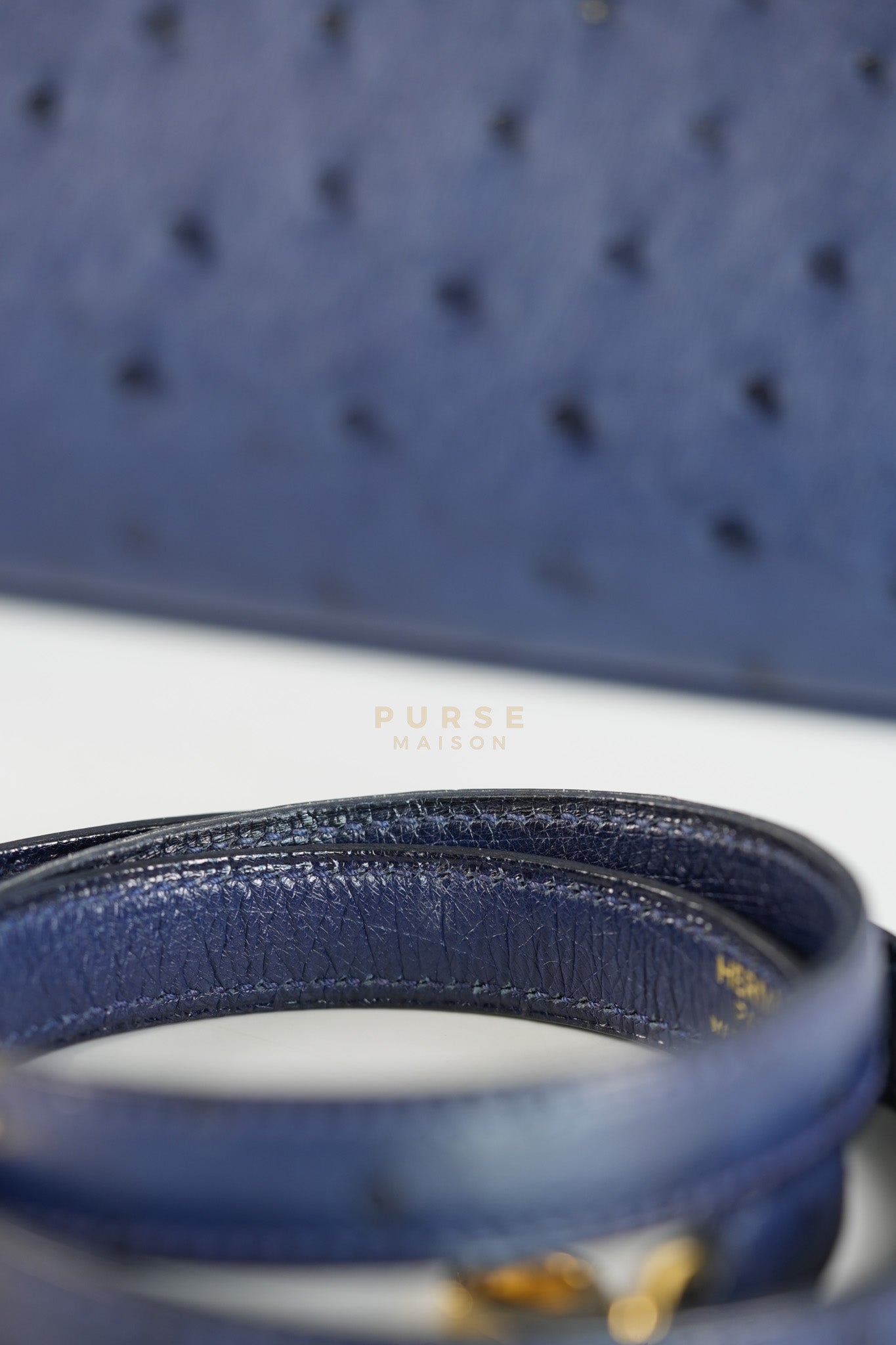 Kelly 28 Sellier in Blue Iris Ostrich Leather and Gold Hardware Stamp T (2015) | Purse Maison Luxury Bags Shop