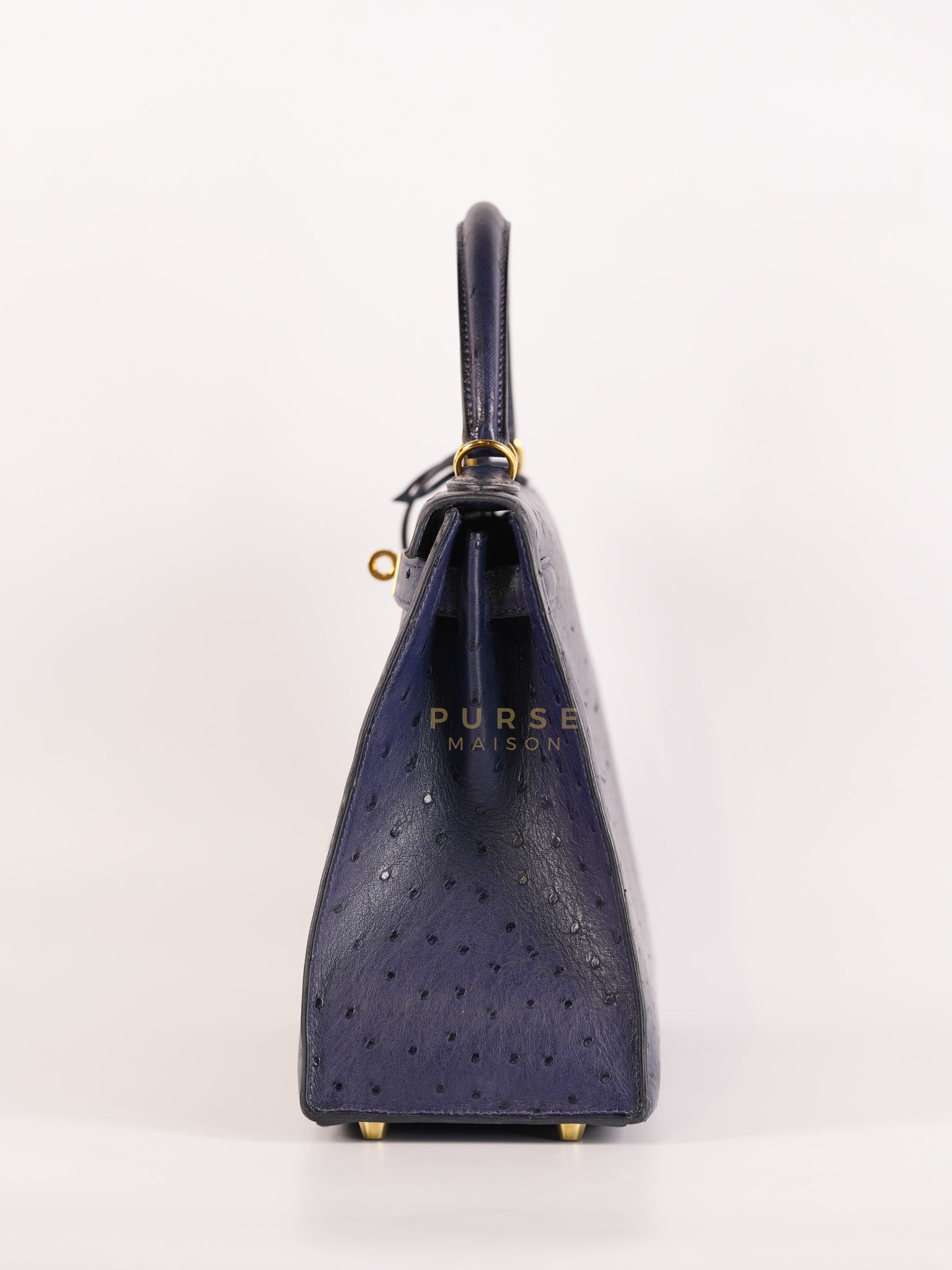 Kelly 28 Sellier in Blue Iris Ostrich Leather and Gold Hardware Stamp T (2015) | Purse Maison Luxury Bags Shop