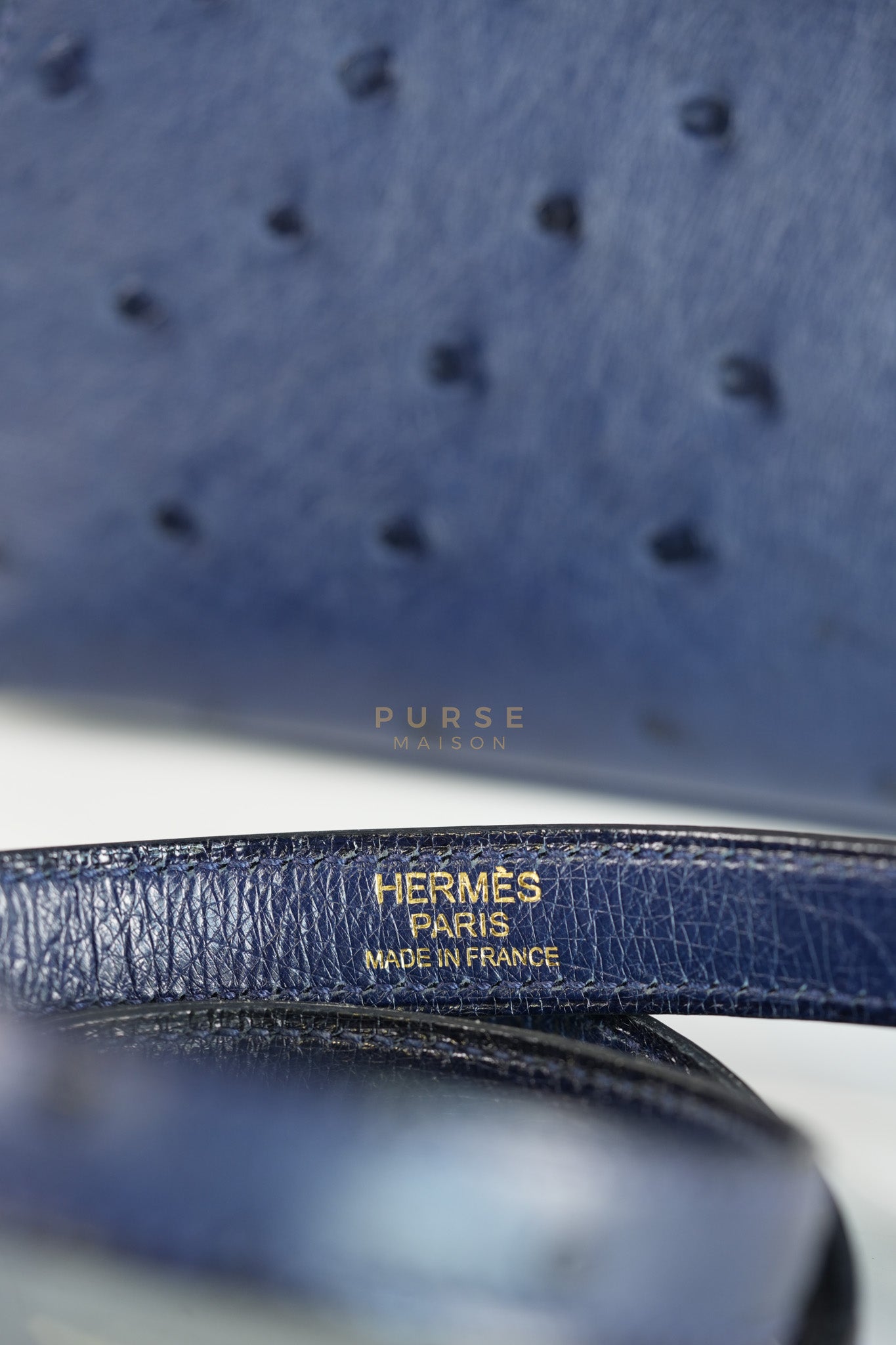 Kelly 28 Sellier in Blue Iris Ostrich Leather and Gold Hardware Stamp T (2015) | Purse Maison Luxury Bags Shop