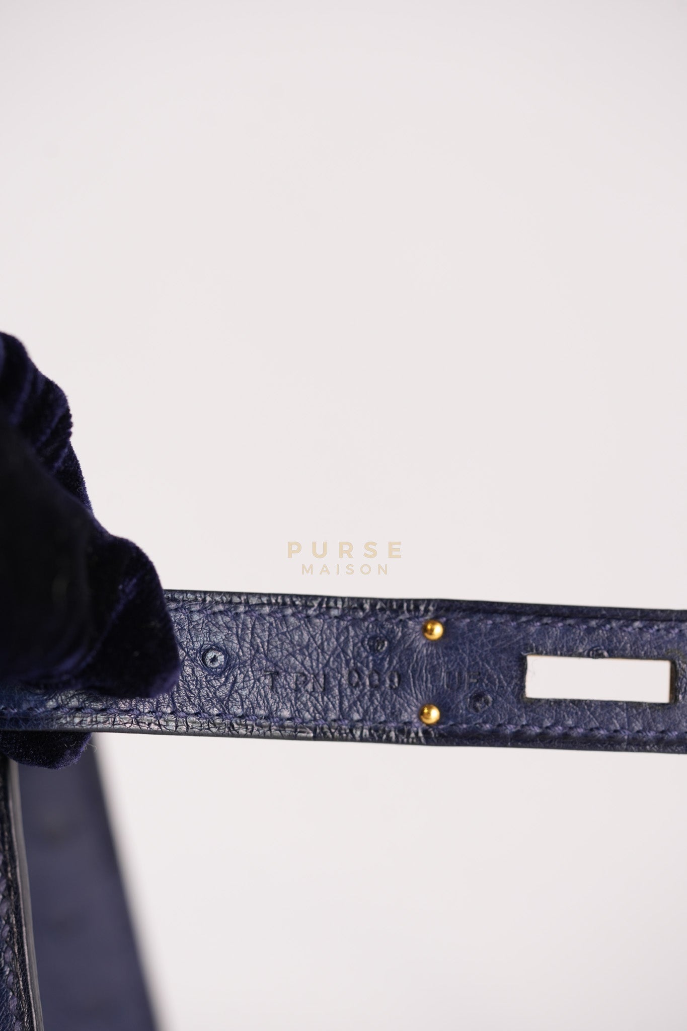 Kelly 28 Sellier in Blue Iris Ostrich Leather and Gold Hardware Stamp T (2015) | Purse Maison Luxury Bags Shop