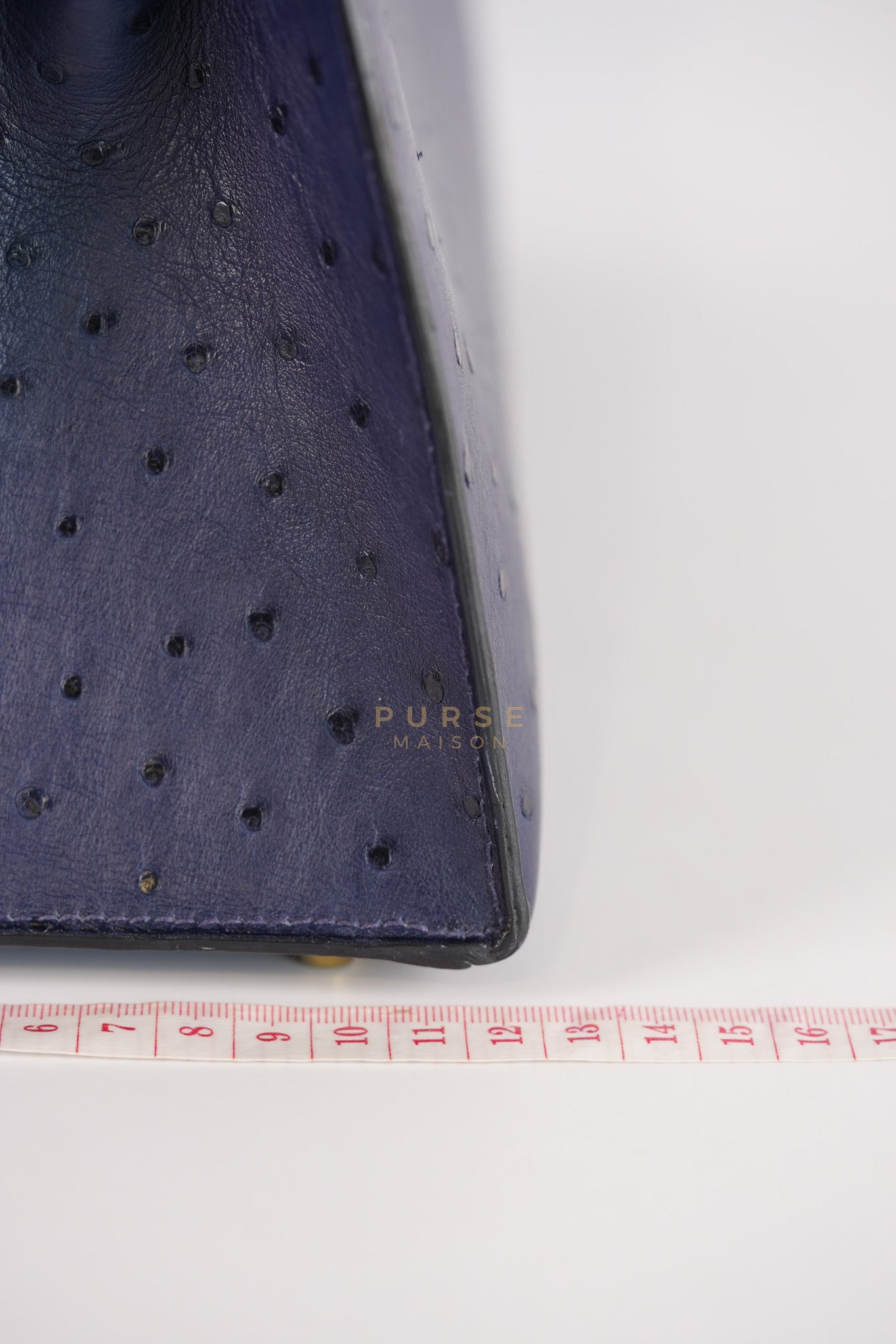 Kelly 28 Sellier in Blue Iris Ostrich Leather and Gold Hardware Stamp T (2015) | Purse Maison Luxury Bags Shop