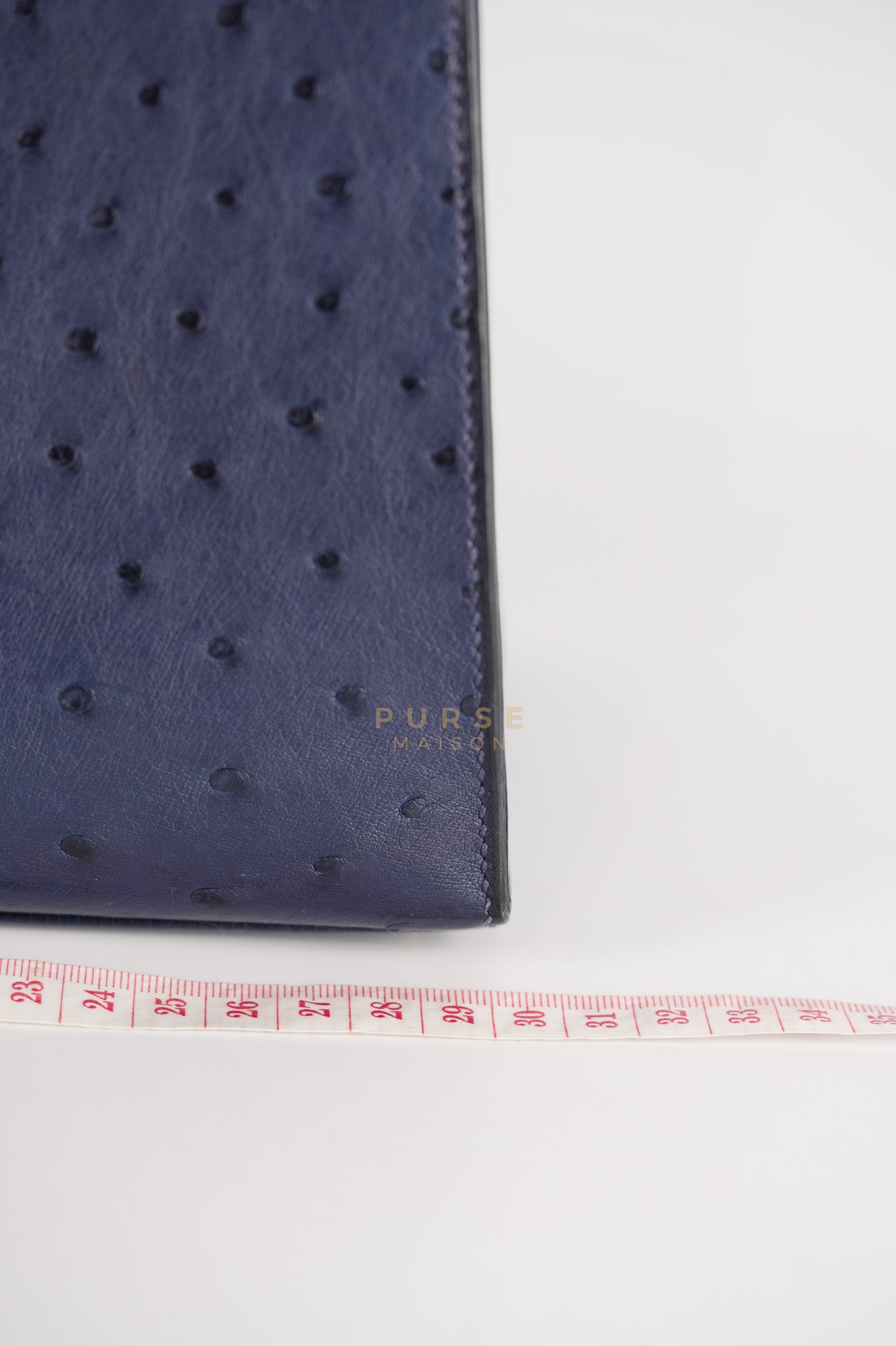 Kelly 28 Sellier in Blue Iris Ostrich Leather and Gold Hardware Stamp T (2015) | Purse Maison Luxury Bags Shop