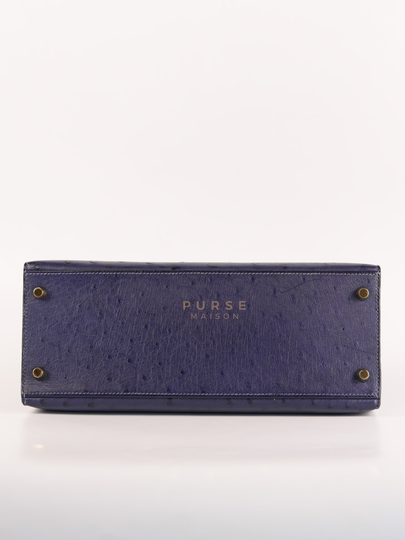 Kelly 28 Sellier in Blue Iris Ostrich Leather and Gold Hardware Stamp T (2015) | Purse Maison Luxury Bags Shop