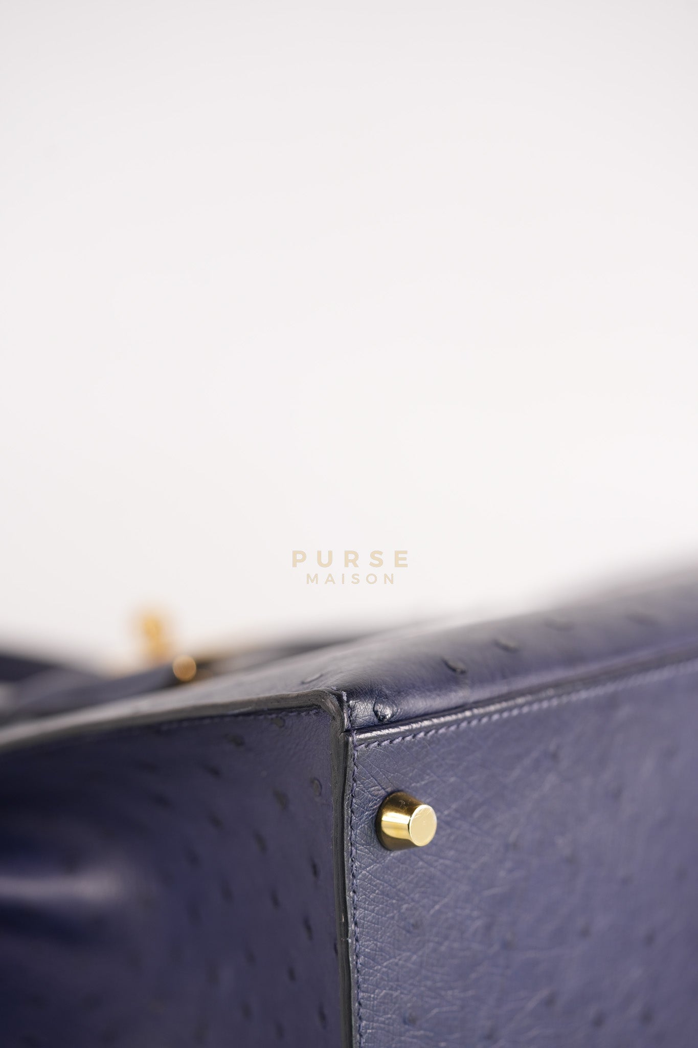 Kelly 28 Sellier in Blue Iris Ostrich Leather and Gold Hardware Stamp T (2015) | Purse Maison Luxury Bags Shop