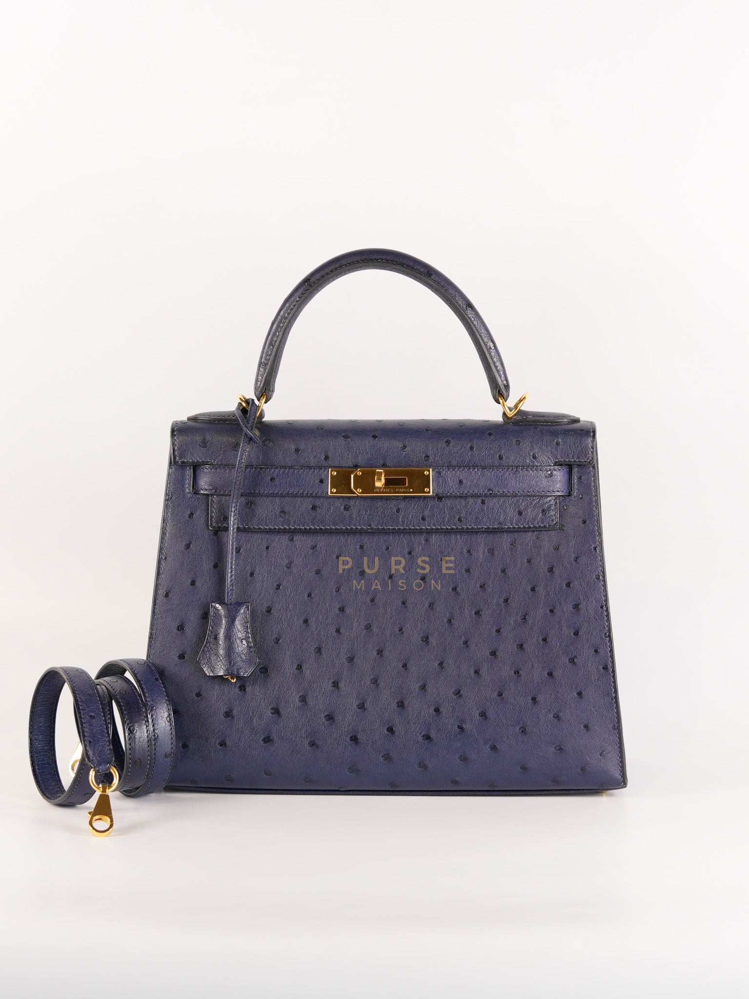 Kelly 28 Sellier in Blue Iris Ostrich Leather and Gold Hardware Stamp T (2015) | Purse Maison Luxury Bags Shop