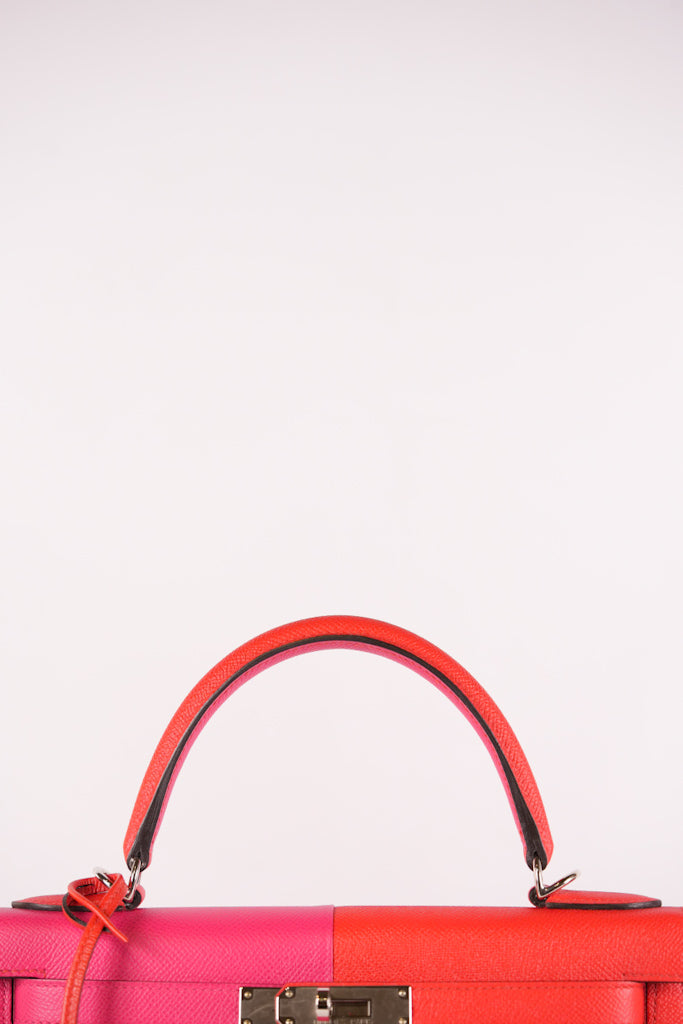 Kelly 28 Sellier in Rouge Coeur/Rose Extreme/Blue Zanzibar Epsom Leather and Palladium Hardware Stamp Z (2021) | Purse Maison Luxury Bags Shop