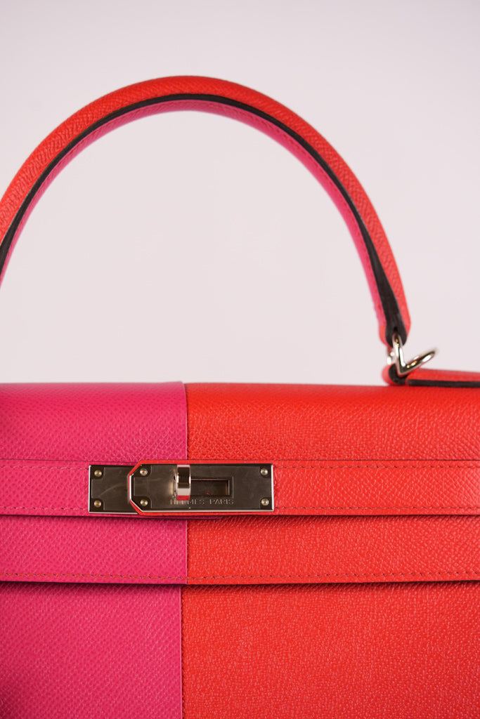 Kelly 28 Sellier in Rouge Coeur/Rose Extreme/Blue Zanzibar Epsom Leather and Palladium Hardware Stamp Z (2021) | Purse Maison Luxury Bags Shop
