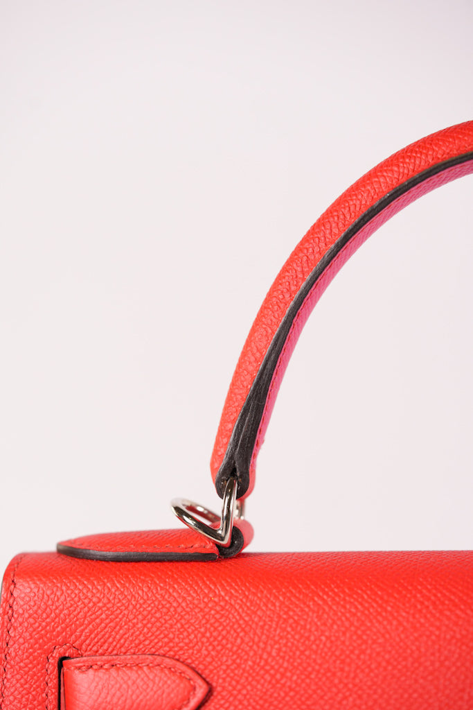 Kelly 28 Sellier in Rouge Coeur/Rose Extreme/Blue Zanzibar Epsom Leather and Palladium Hardware Stamp Z (2021) | Purse Maison Luxury Bags Shop