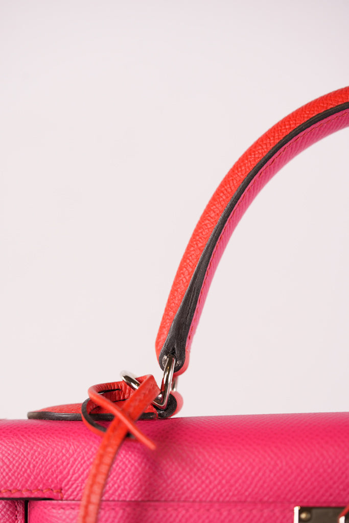 Kelly 28 Sellier in Rouge Coeur/Rose Extreme/Blue Zanzibar Epsom Leather and Palladium Hardware Stamp Z (2021) | Purse Maison Luxury Bags Shop