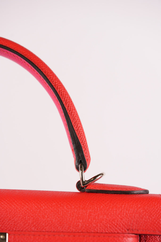 Kelly 28 Sellier in Rouge Coeur/Rose Extreme/Blue Zanzibar Epsom Leather and Palladium Hardware Stamp Z (2021) | Purse Maison Luxury Bags Shop