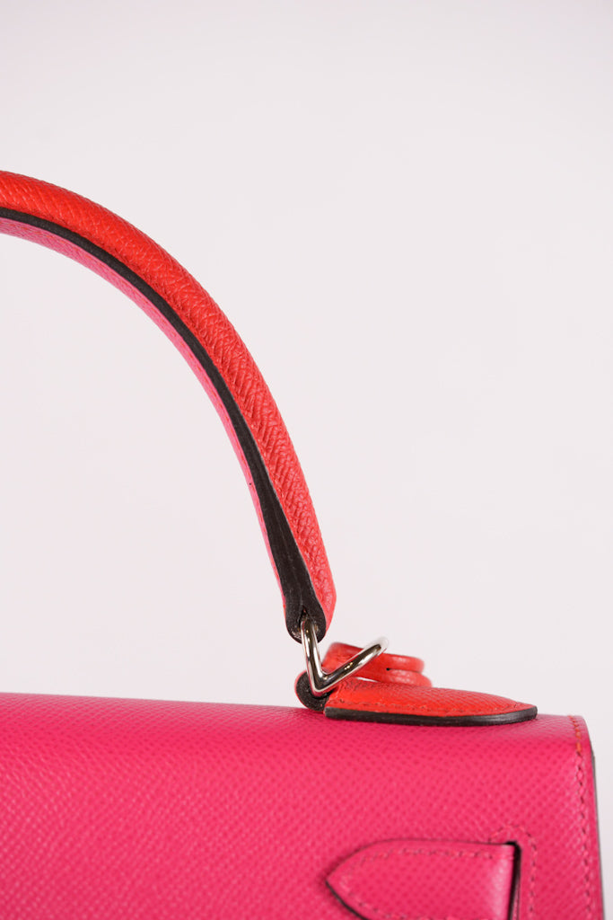 Kelly 28 Sellier in Rouge Coeur/Rose Extreme/Blue Zanzibar Epsom Leather and Palladium Hardware Stamp Z (2021) | Purse Maison Luxury Bags Shop