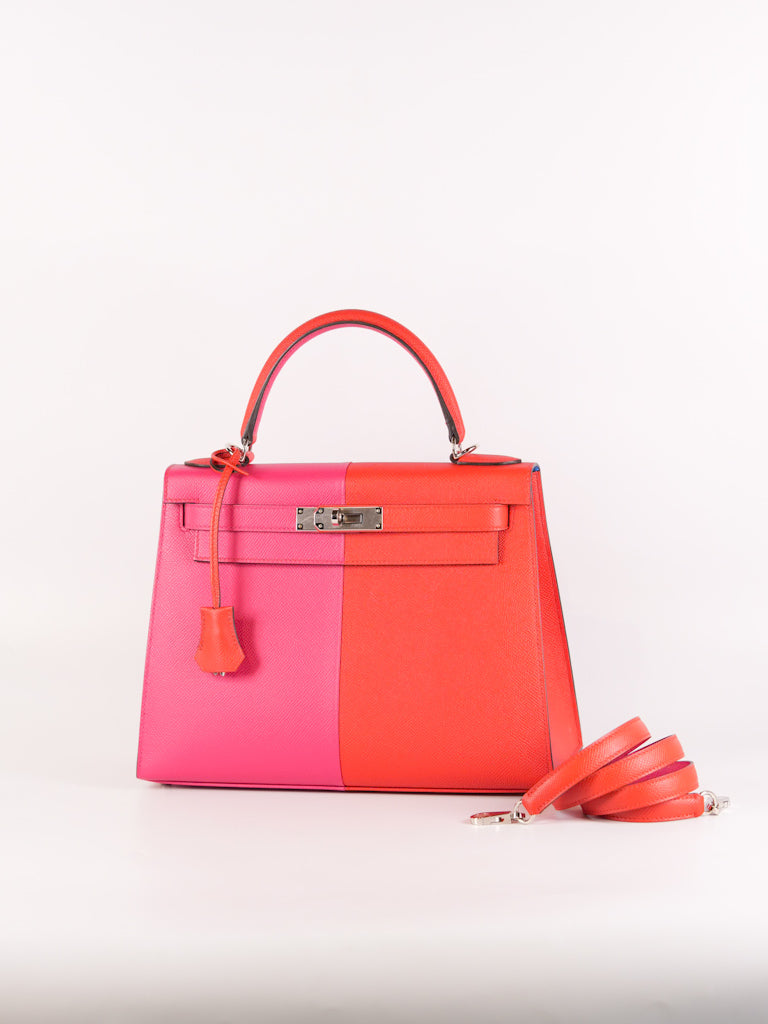 Kelly 28 Sellier in Rouge Coeur/Rose Extreme/Blue Zanzibar Epsom Leather and Palladium Hardware Stamp Z (2021) | Purse Maison Luxury Bags Shop