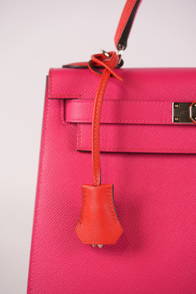 Kelly 28 Sellier in Rouge Coeur/Rose Extreme/Blue Zanzibar Epsom Leather and Palladium Hardware Stamp Z (2021) | Purse Maison Luxury Bags Shop