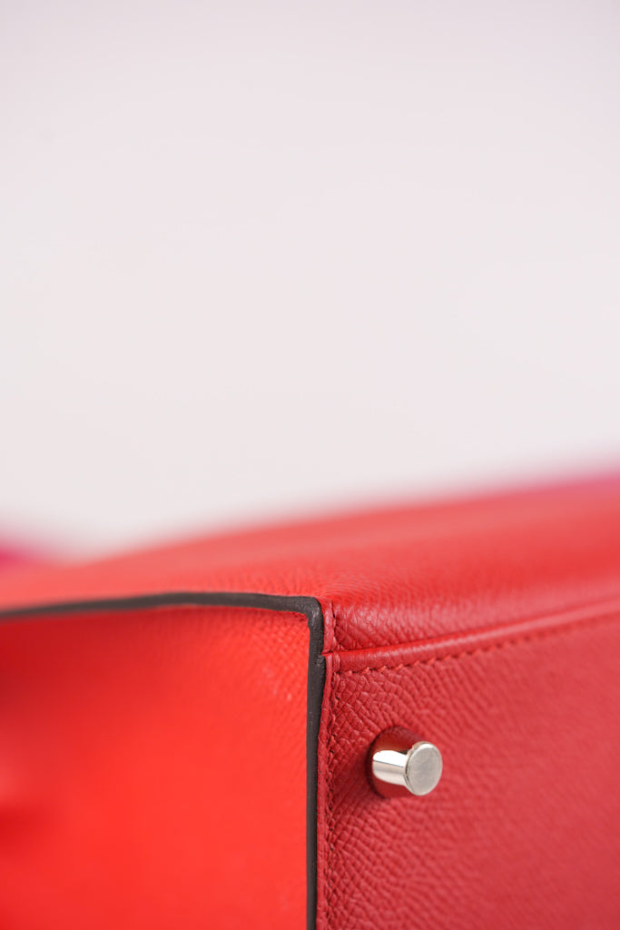 Kelly 28 Sellier in Rouge Coeur/Rose Extreme/Blue Zanzibar Epsom Leather and Palladium Hardware Stamp Z (2021) | Purse Maison Luxury Bags Shop