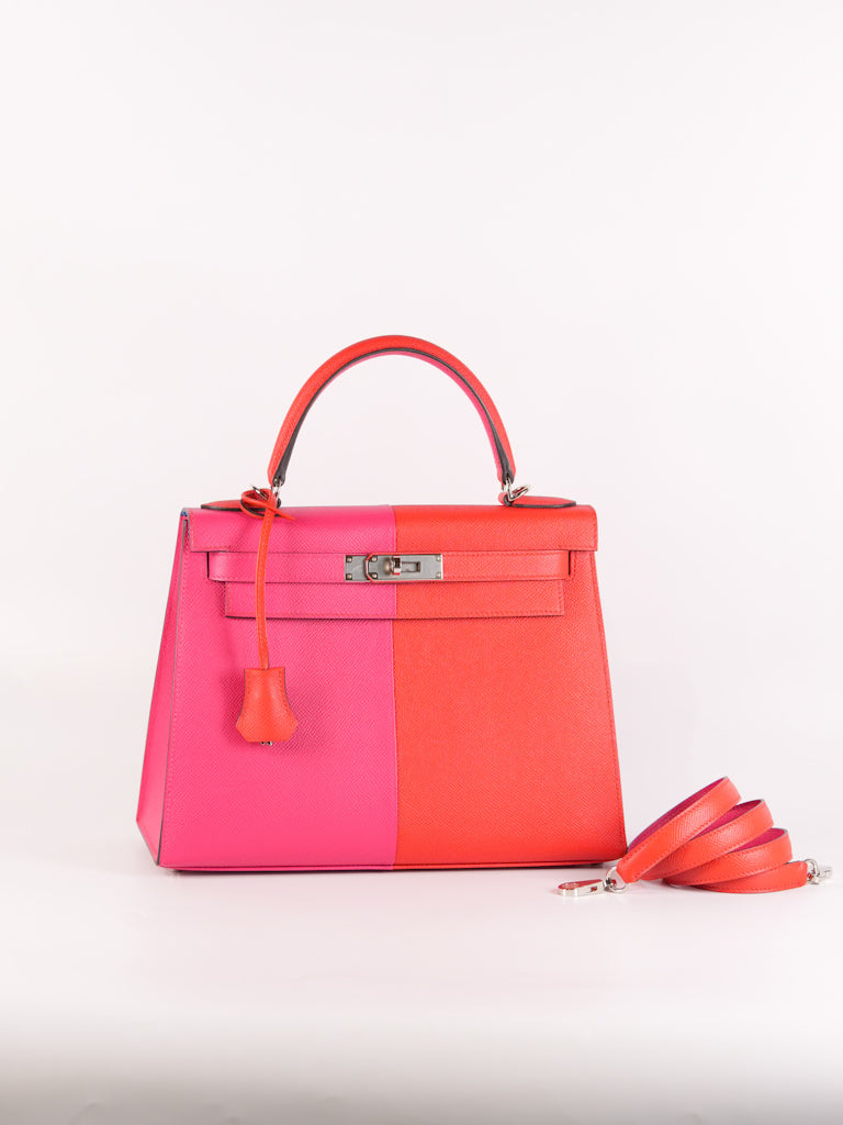 Kelly 28 Sellier in Rouge Coeur/Rose Extreme/Blue Zanzibar Epsom Leather and Palladium Hardware Stamp Z (2021) | Purse Maison Luxury Bags Shop