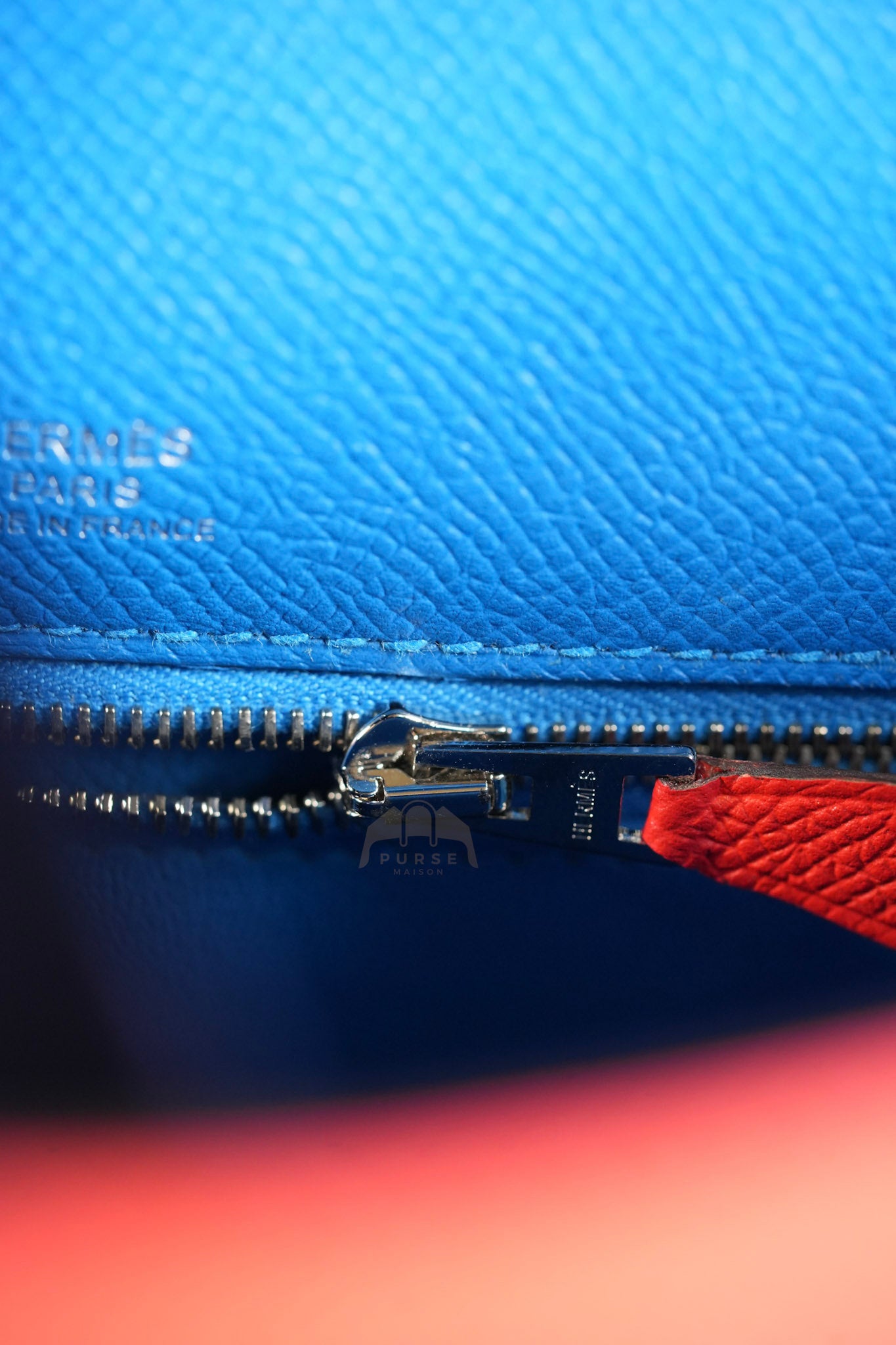 Kelly 28 Sellier in Rouge Coeur/Rose Extreme/Blue Zanzibar Epsom Leather and Palladium Hardware Stamp Z (2021) | Purse Maison Luxury Bags Shop