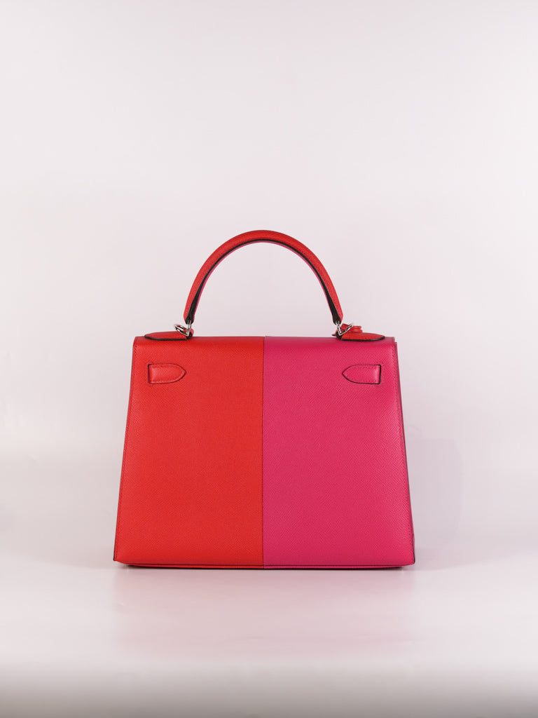 Kelly 28 Sellier in Rouge Coeur/Rose Extreme/Blue Zanzibar Epsom Leather and Palladium Hardware Stamp Z (2021) | Purse Maison Luxury Bags Shop
