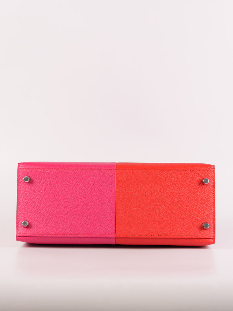 Kelly 28 Sellier in Rouge Coeur/Rose Extreme/Blue Zanzibar Epsom Leather and Palladium Hardware Stamp Z (2021) | Purse Maison Luxury Bags Shop