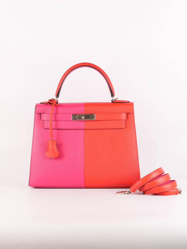 Kelly 28 Sellier in Rouge Coeur/Rose Extreme/Blue Zanzibar Epsom Leather and Palladium Hardware Stamp Z (2021) | Purse Maison Luxury Bags Shop