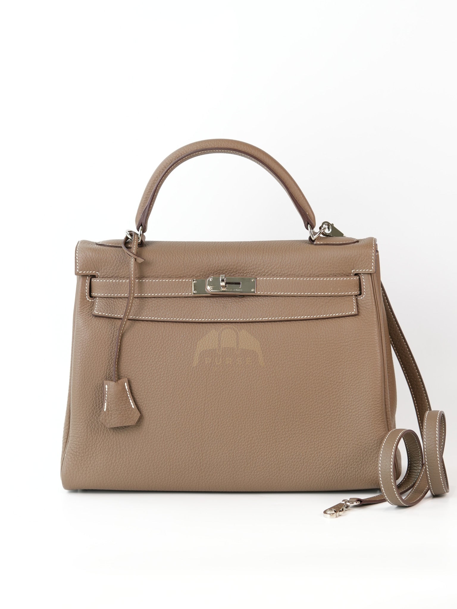 Kelly 32 Etoupe in Togo Leather and Palladium Hardware Stamp Square Q (2013) | Purse Maison Luxury Bags Shop