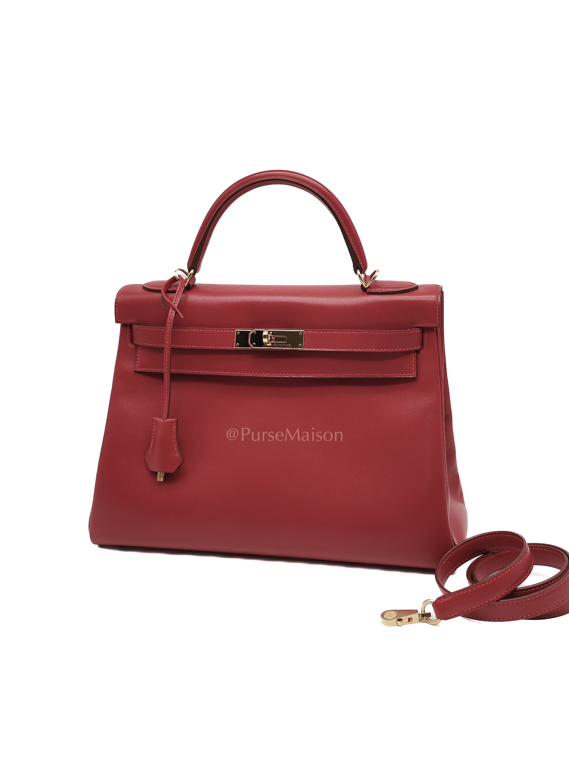 Kelly 32 Retourne in Rouge Vif Tadelakt Leather and Gold Hardware Stamp X (2016) | Purse Maison Luxury Bags Shop