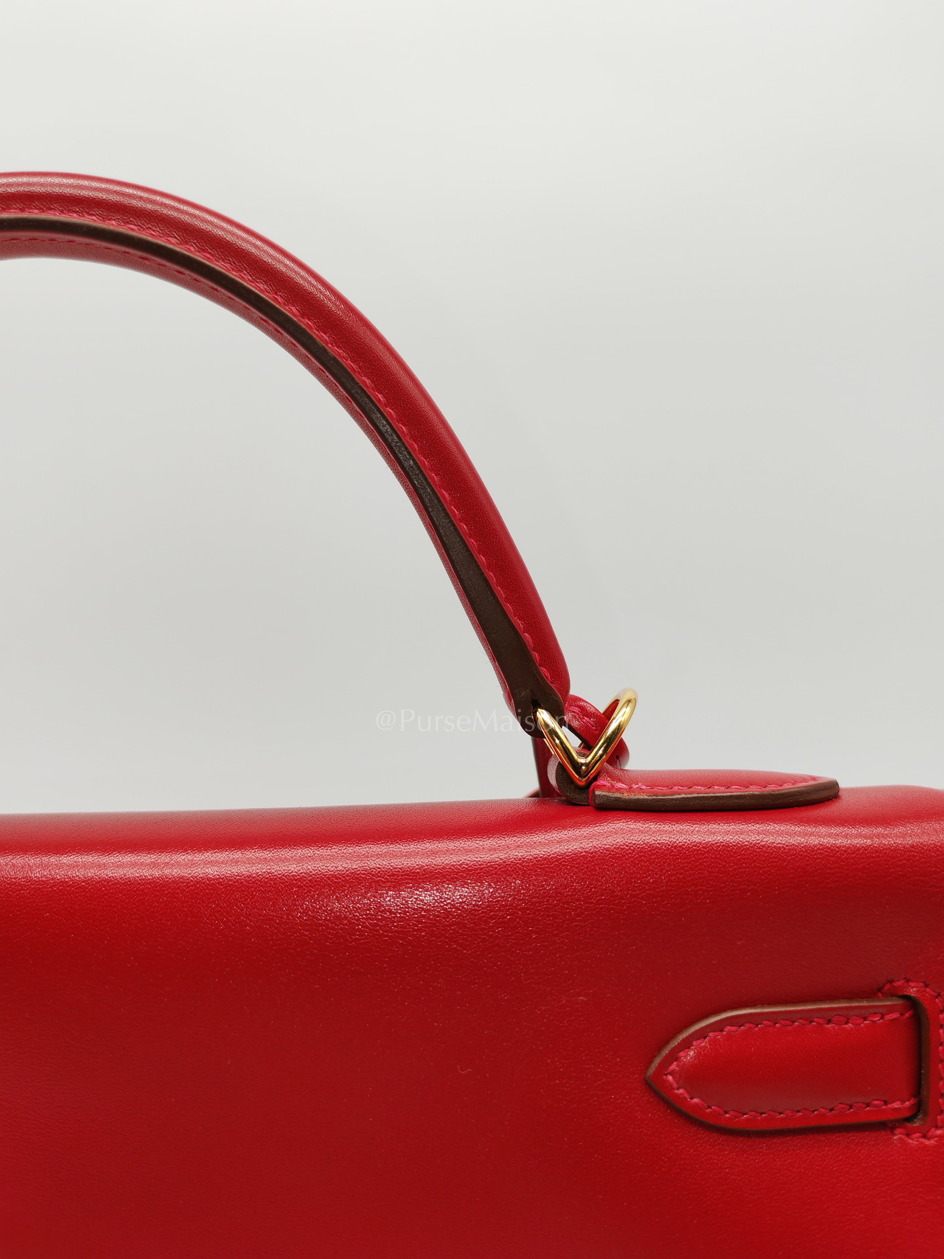 Kelly 32 Retourne in Rouge Vif Tadelakt Leather and Gold Hardware Stamp X (2016) | Purse Maison Luxury Bags Shop