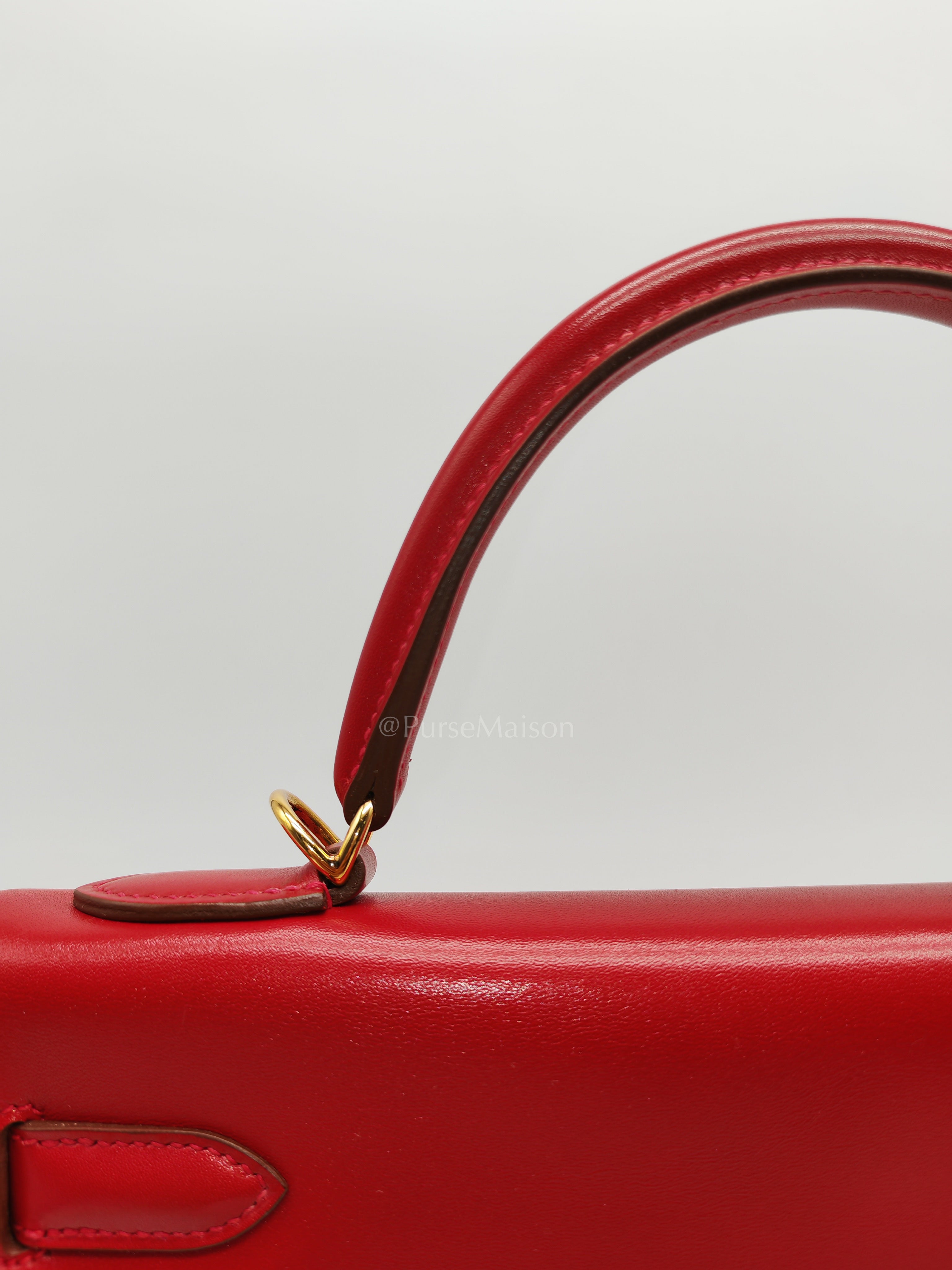 Kelly 32 Retourne in Rouge Vif Tadelakt Leather and Gold Hardware Stamp X (2016) | Purse Maison Luxury Bags Shop