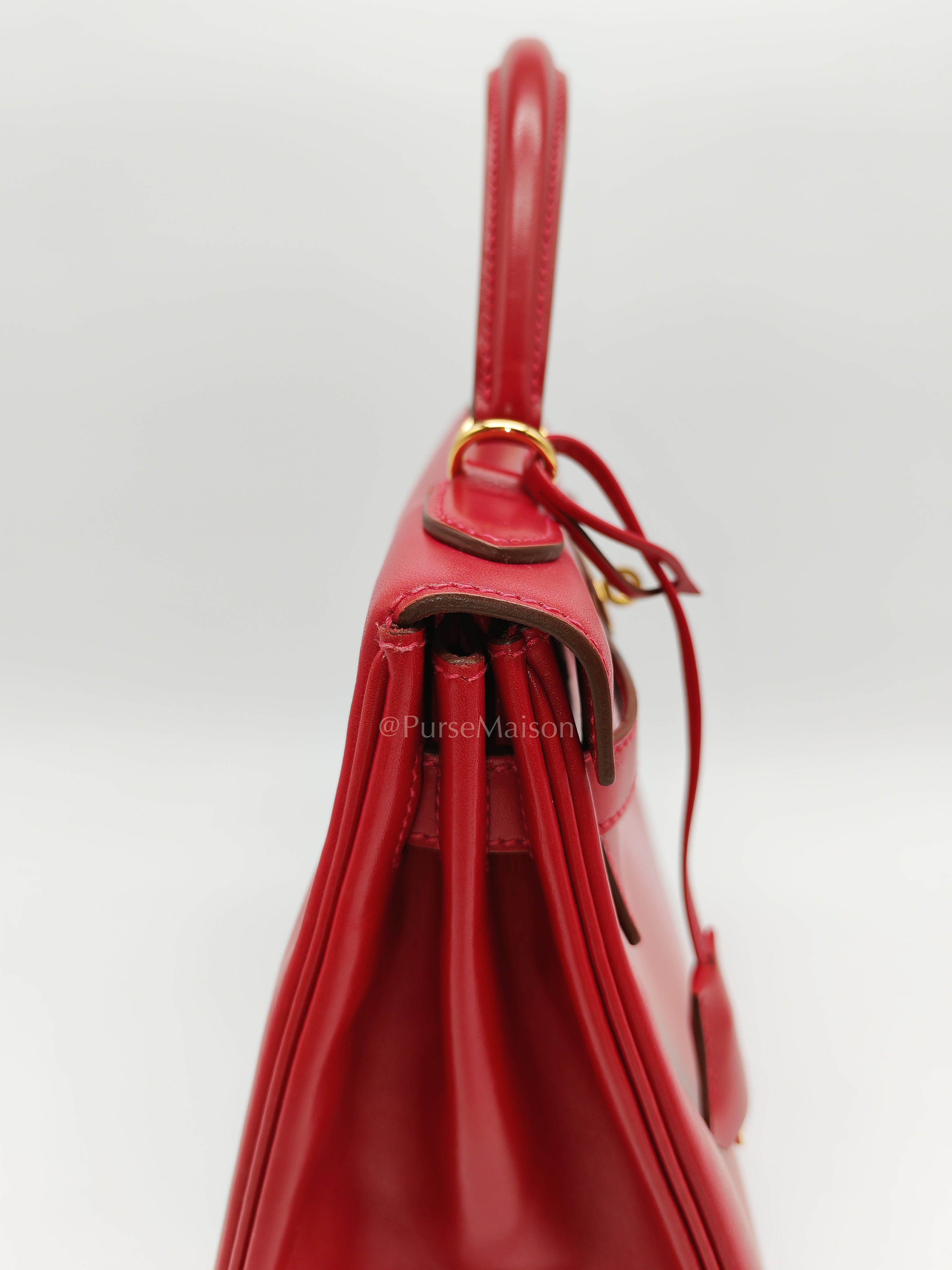 Kelly 32 Retourne in Rouge Vif Tadelakt Leather and Gold Hardware Stamp X (2016) | Purse Maison Luxury Bags Shop