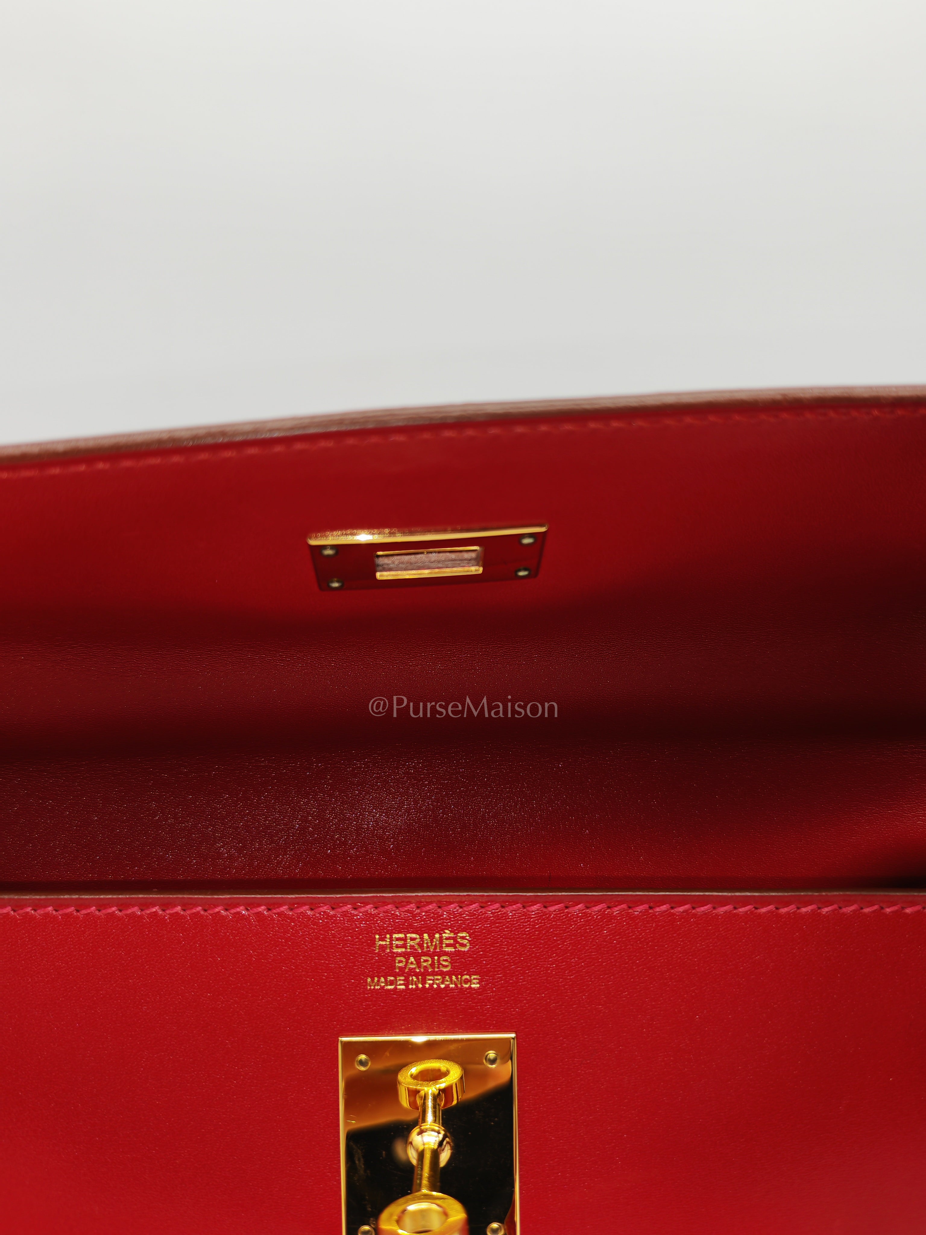 Kelly 32 Retourne in Rouge Vif Tadelakt Leather and Gold Hardware Stamp X (2016) | Purse Maison Luxury Bags Shop