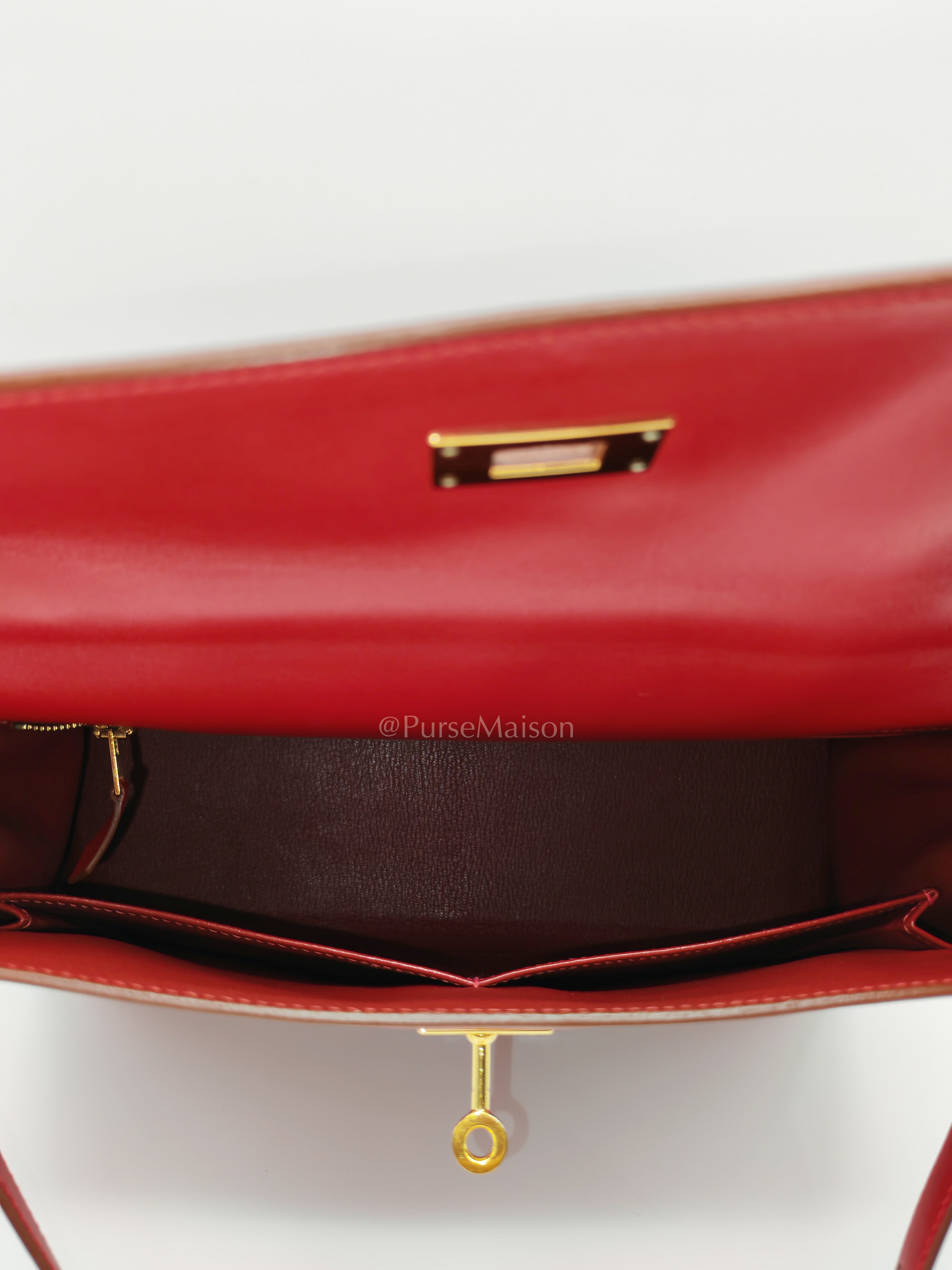 Kelly 32 Retourne in Rouge Vif Tadelakt Leather and Gold Hardware Stamp X (2016) | Purse Maison Luxury Bags Shop